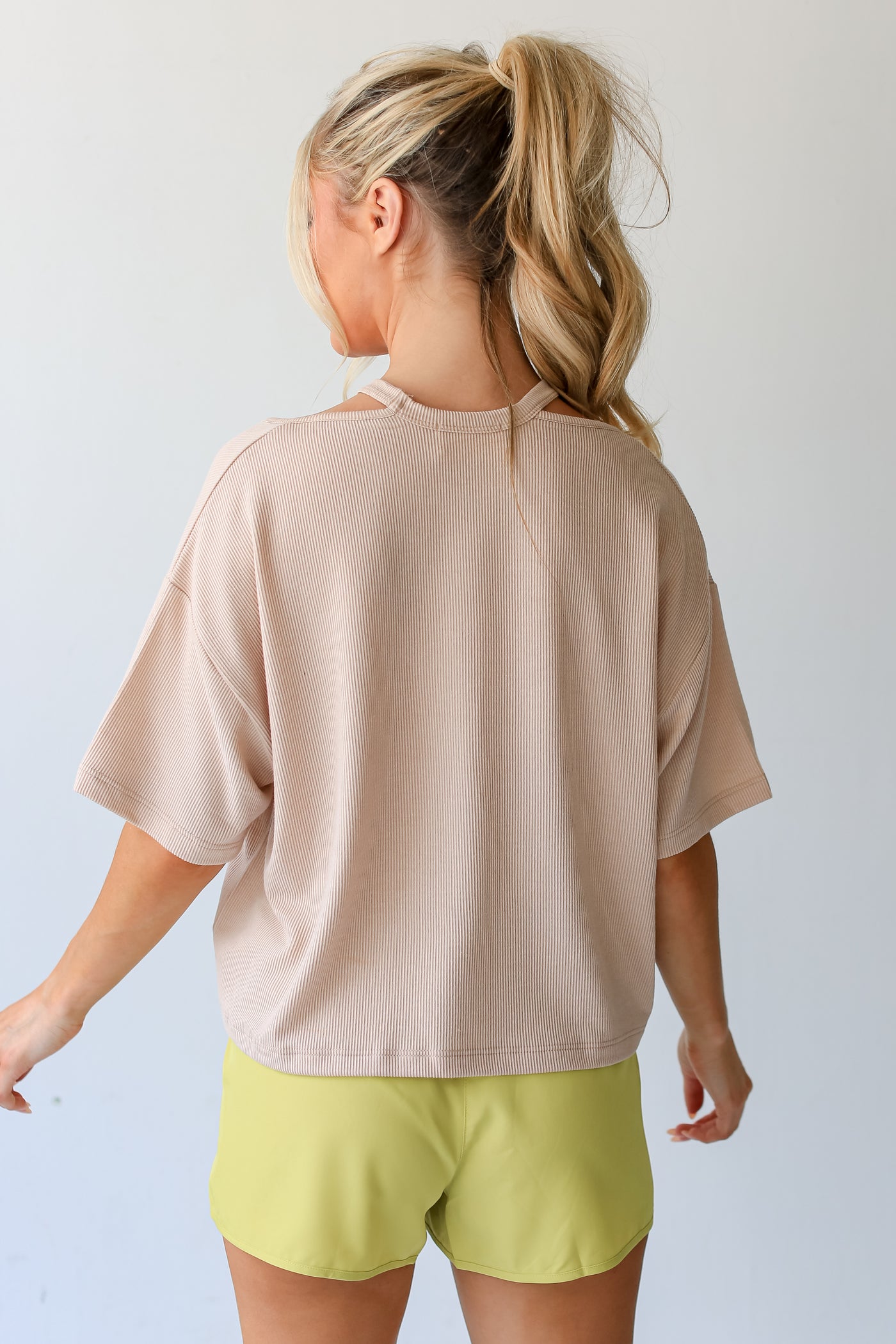 taupe Ribbed Cutout Tee back view