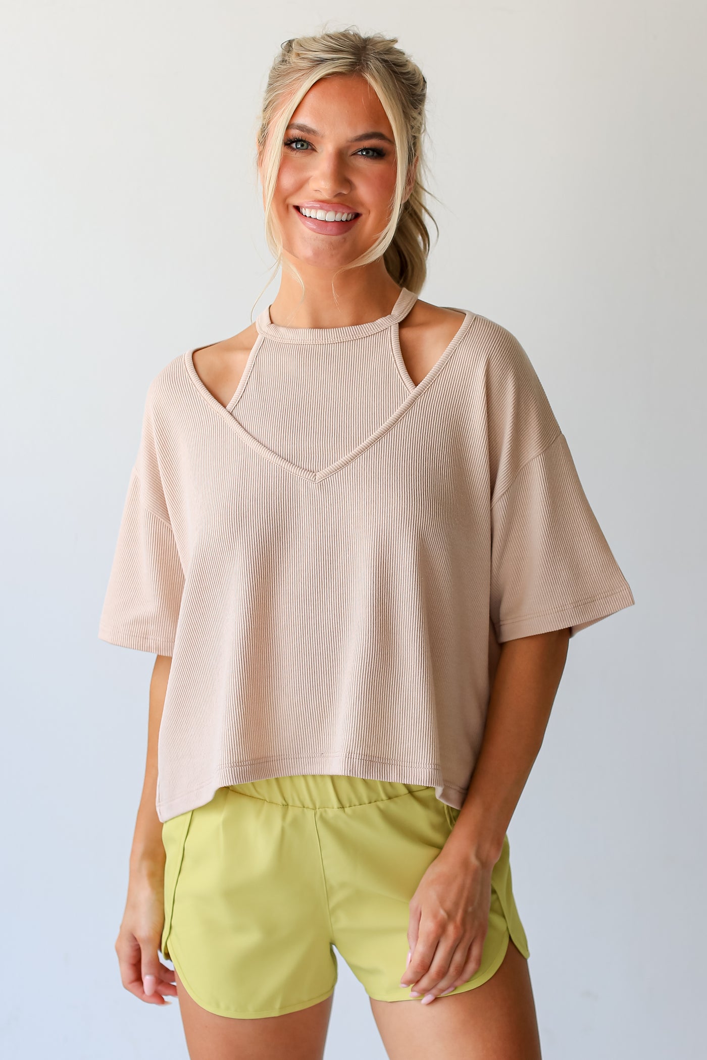 taupe Ribbed Cutout Tee on model