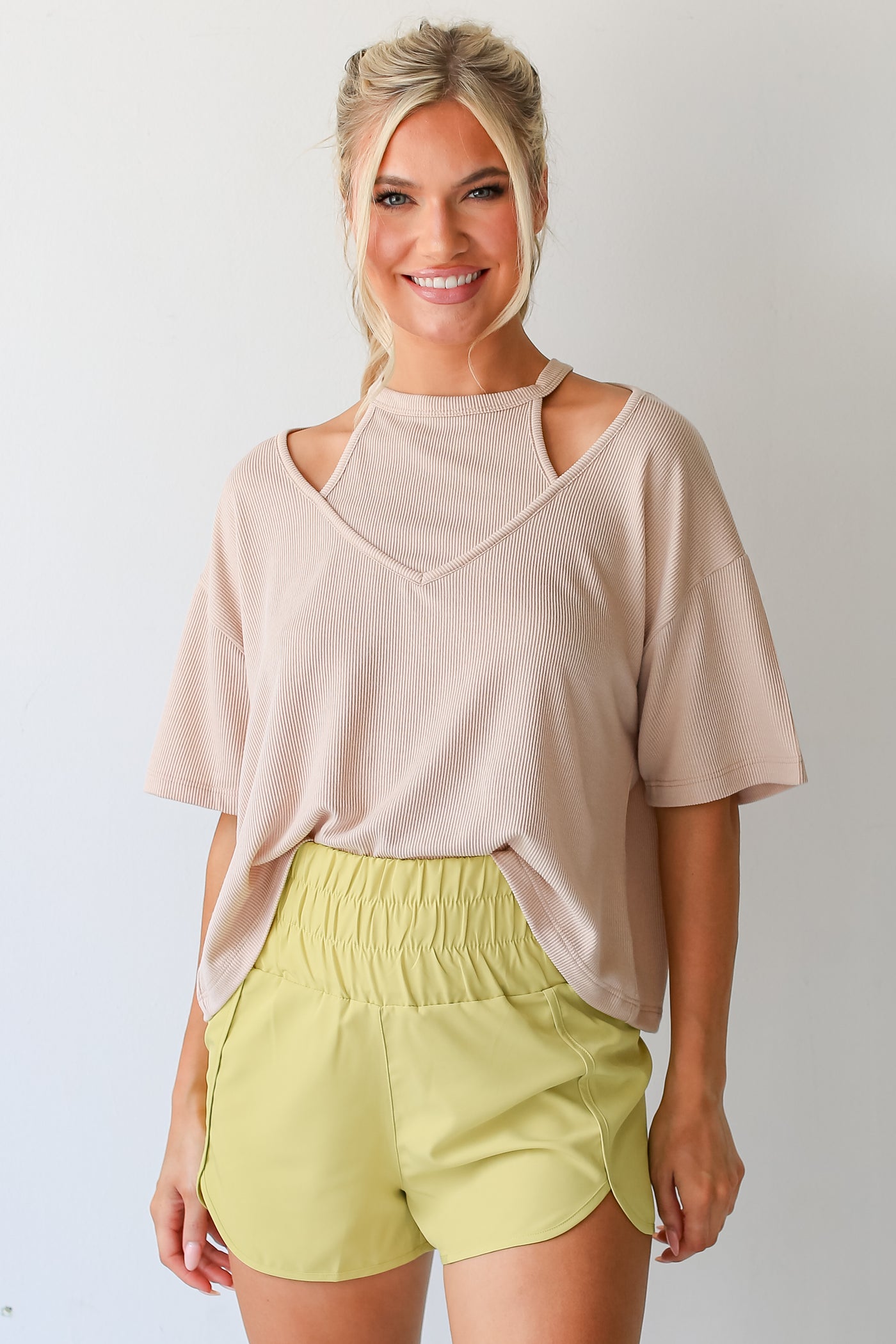 taupe Ribbed Cutout Tee front view