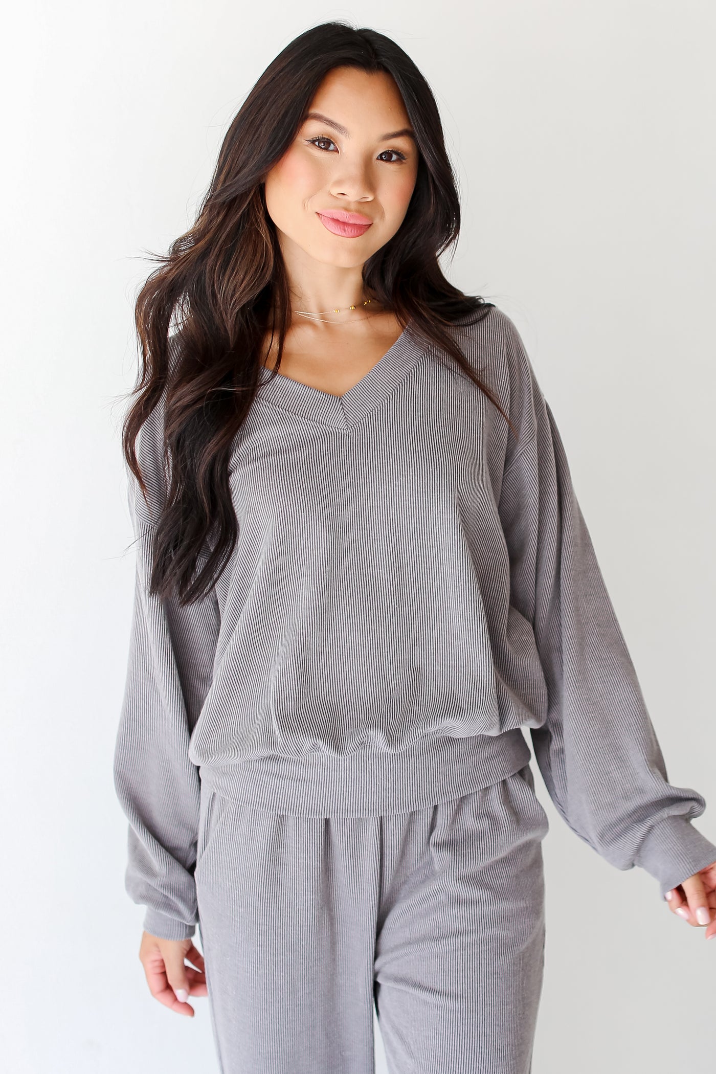 grey Corded Pullover on dress up model