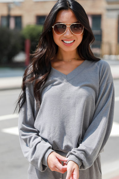 grey Corded Pullover on model