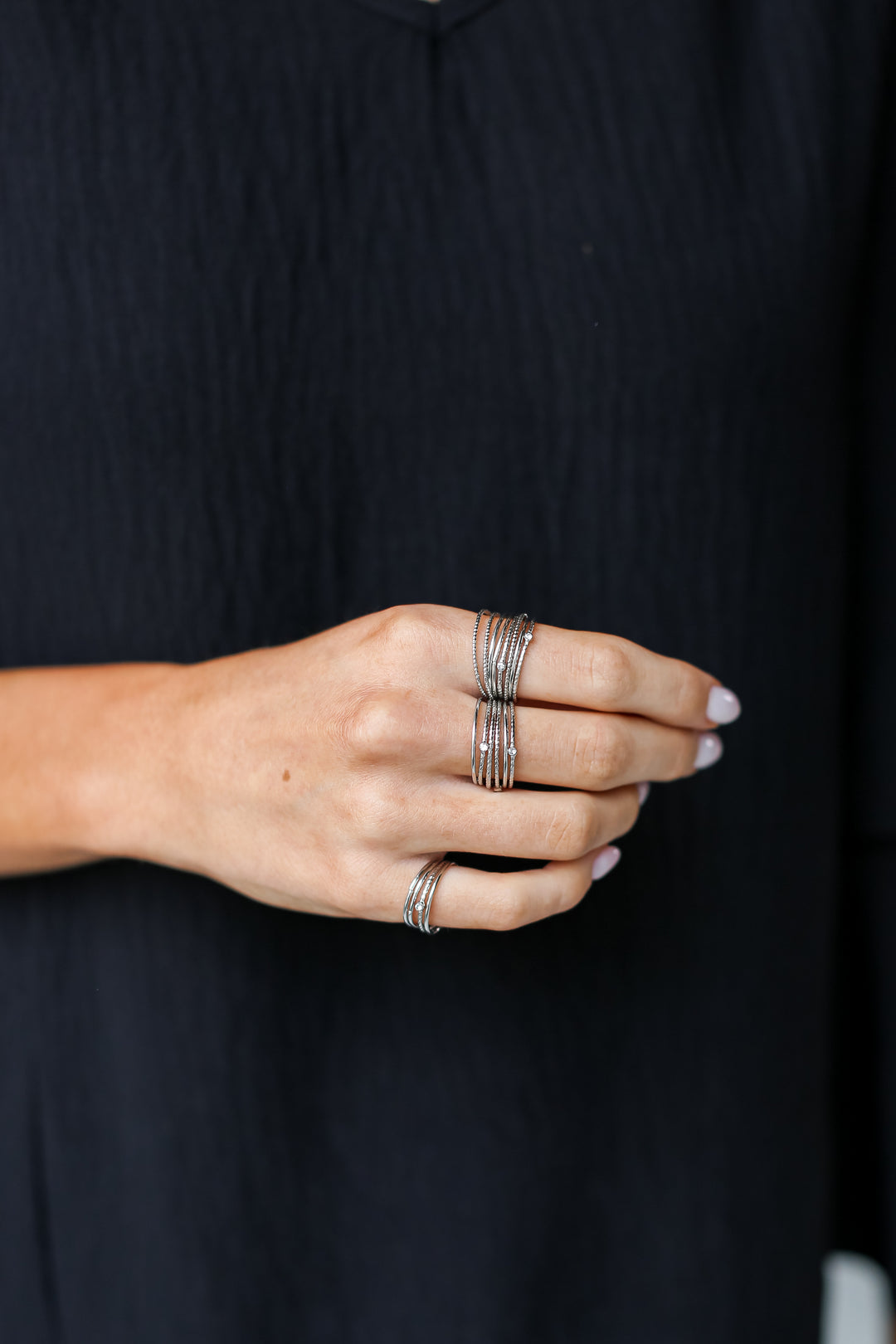 silver Assorted Ring Set on model