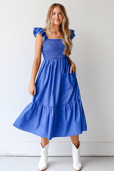 blue Smocked Midi Dress on dress up model