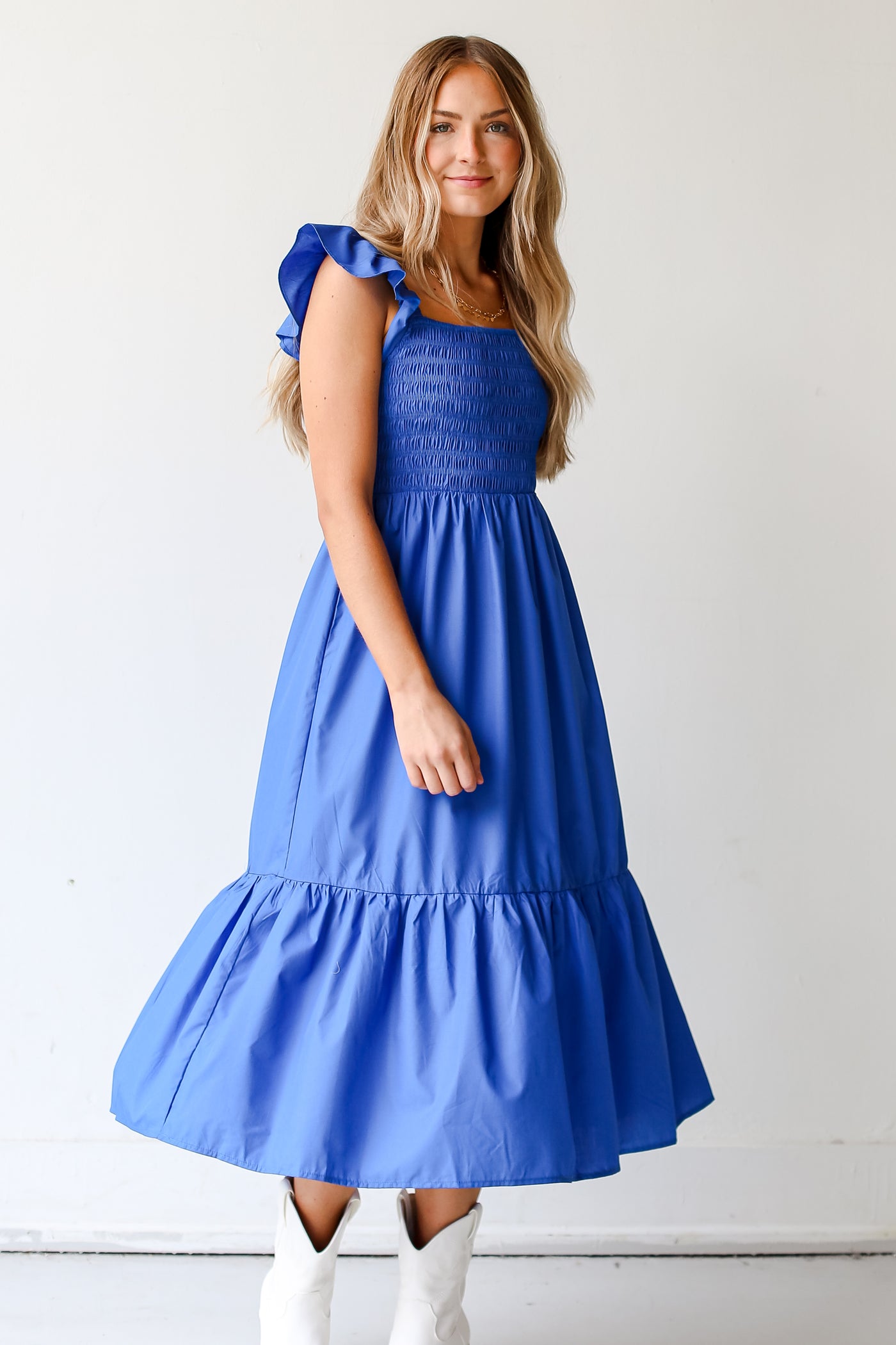 blue Smocked Midi Dress front view