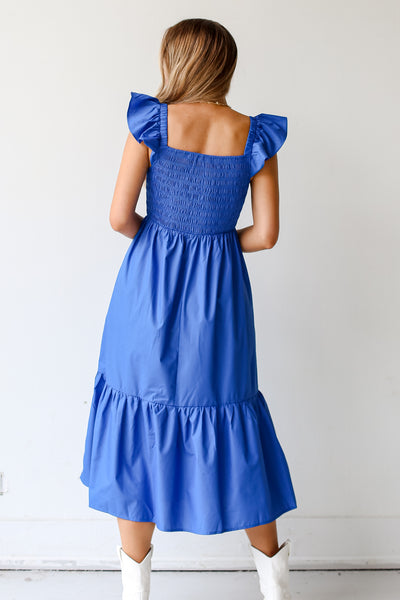 blue Smocked Midi Dress back view