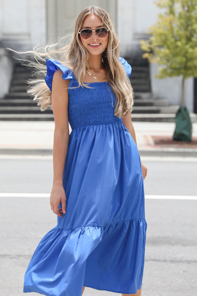 blue Smocked Midi Dress on model