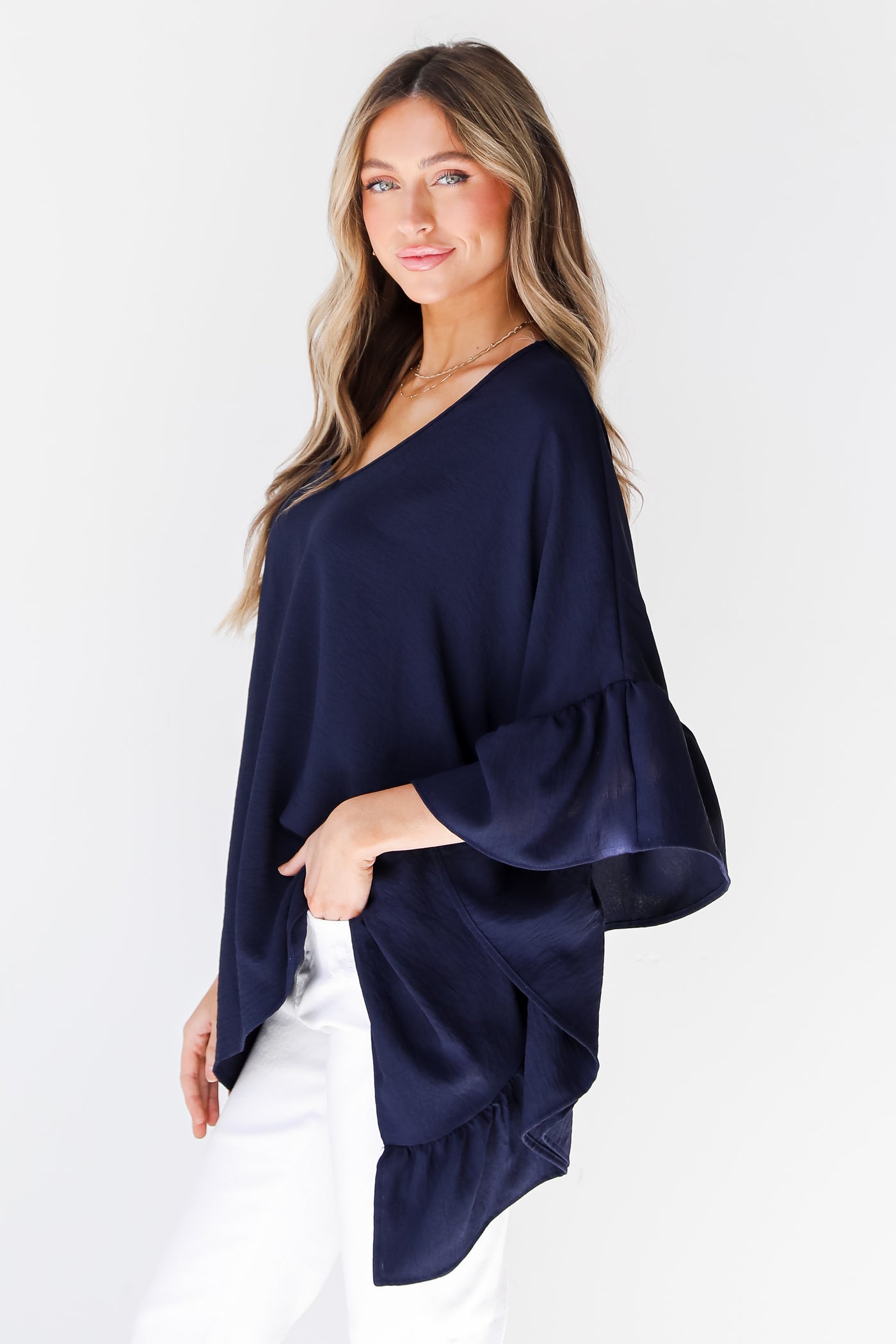 navy Oversized Ruffle Blouse side view