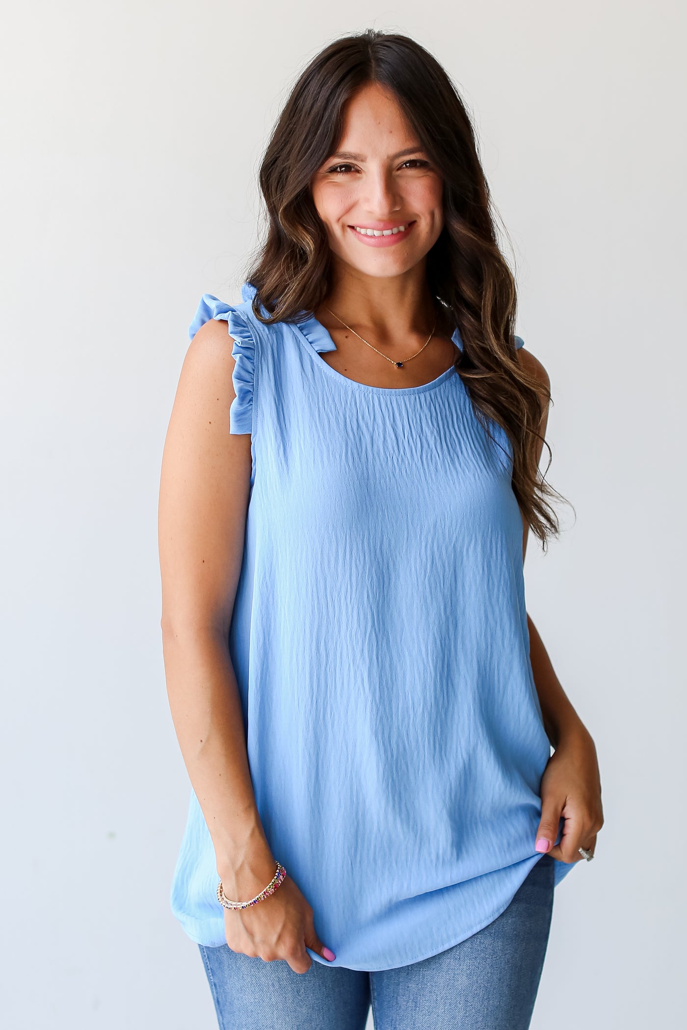 blue Ruffle Sleeveless Blouse front view