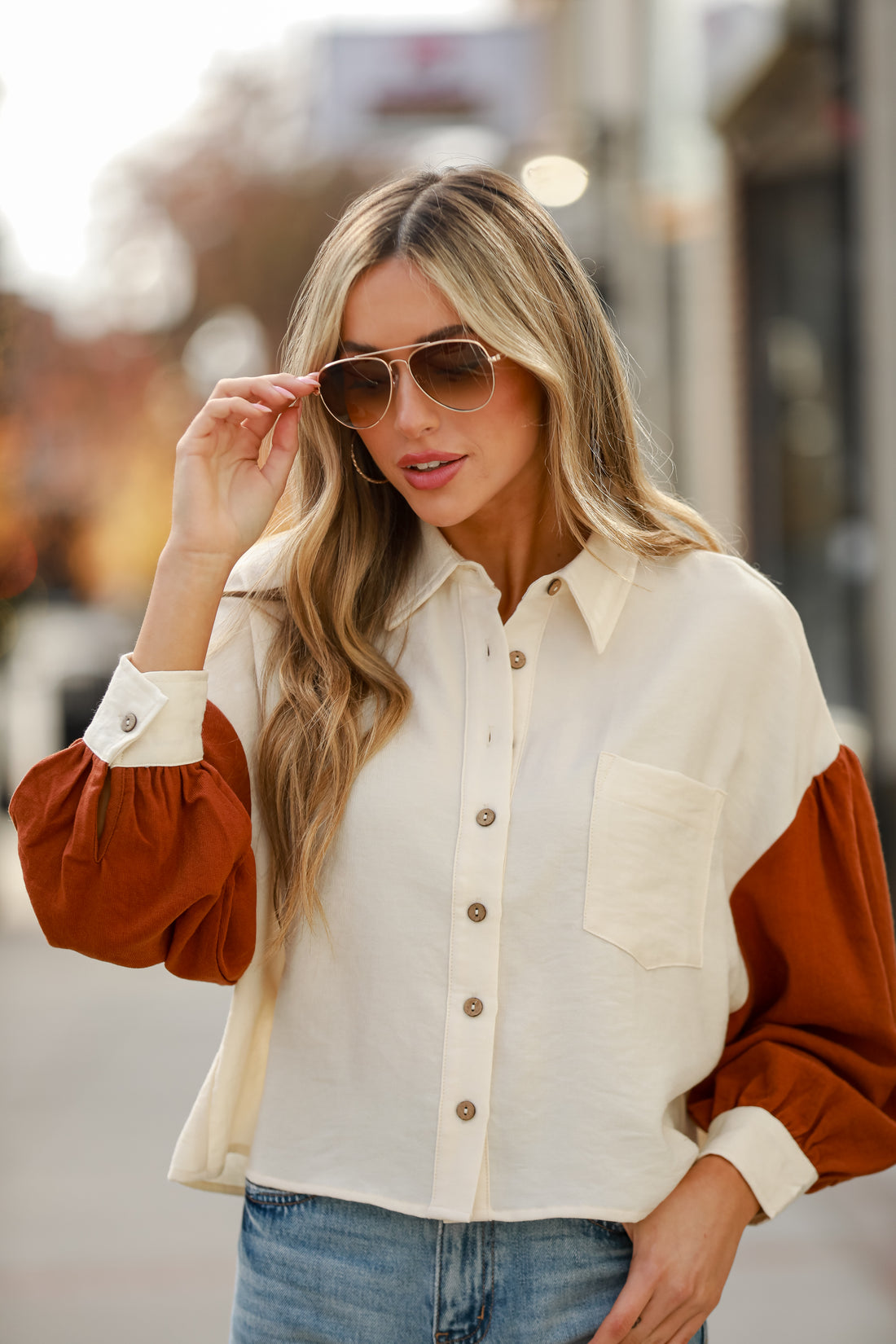 cute Ivory Color Block Corduroy Button-Up Top