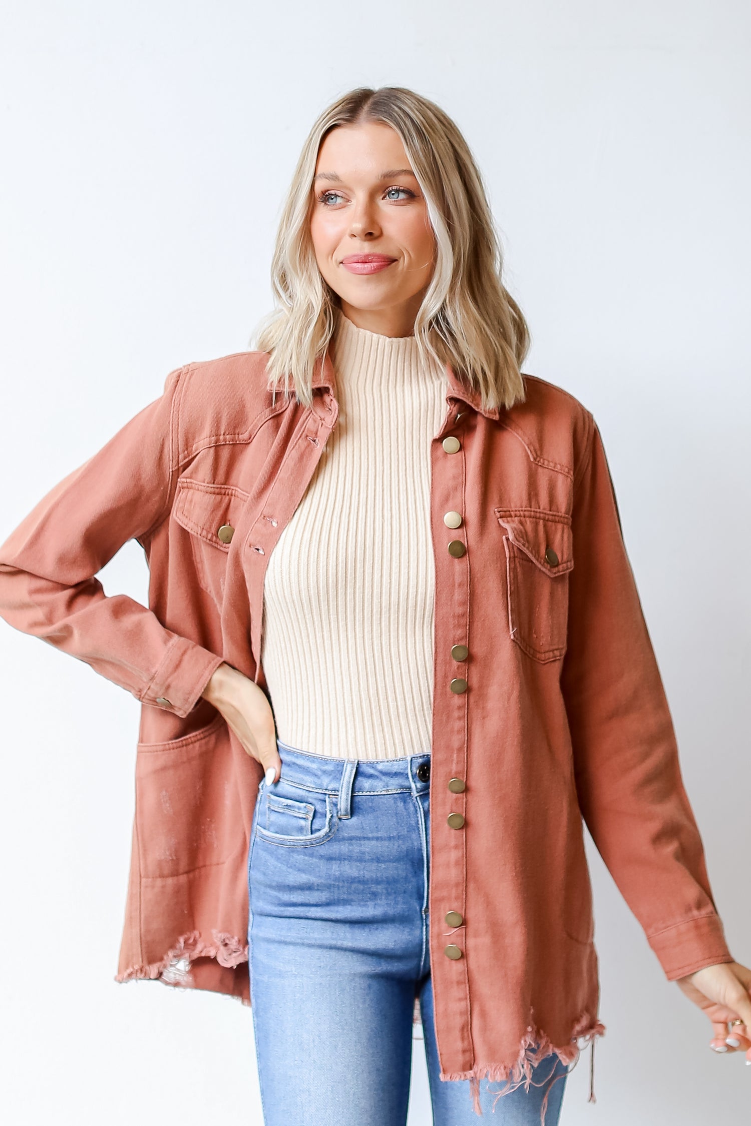 rust Distressed Denim Jacket front view