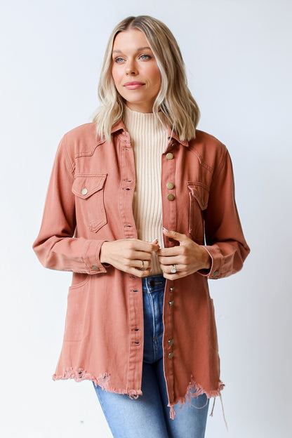 rust Distressed Denim Jacket on dress up model
