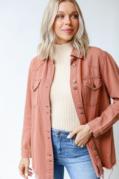rust Distressed Denim Jacket close up