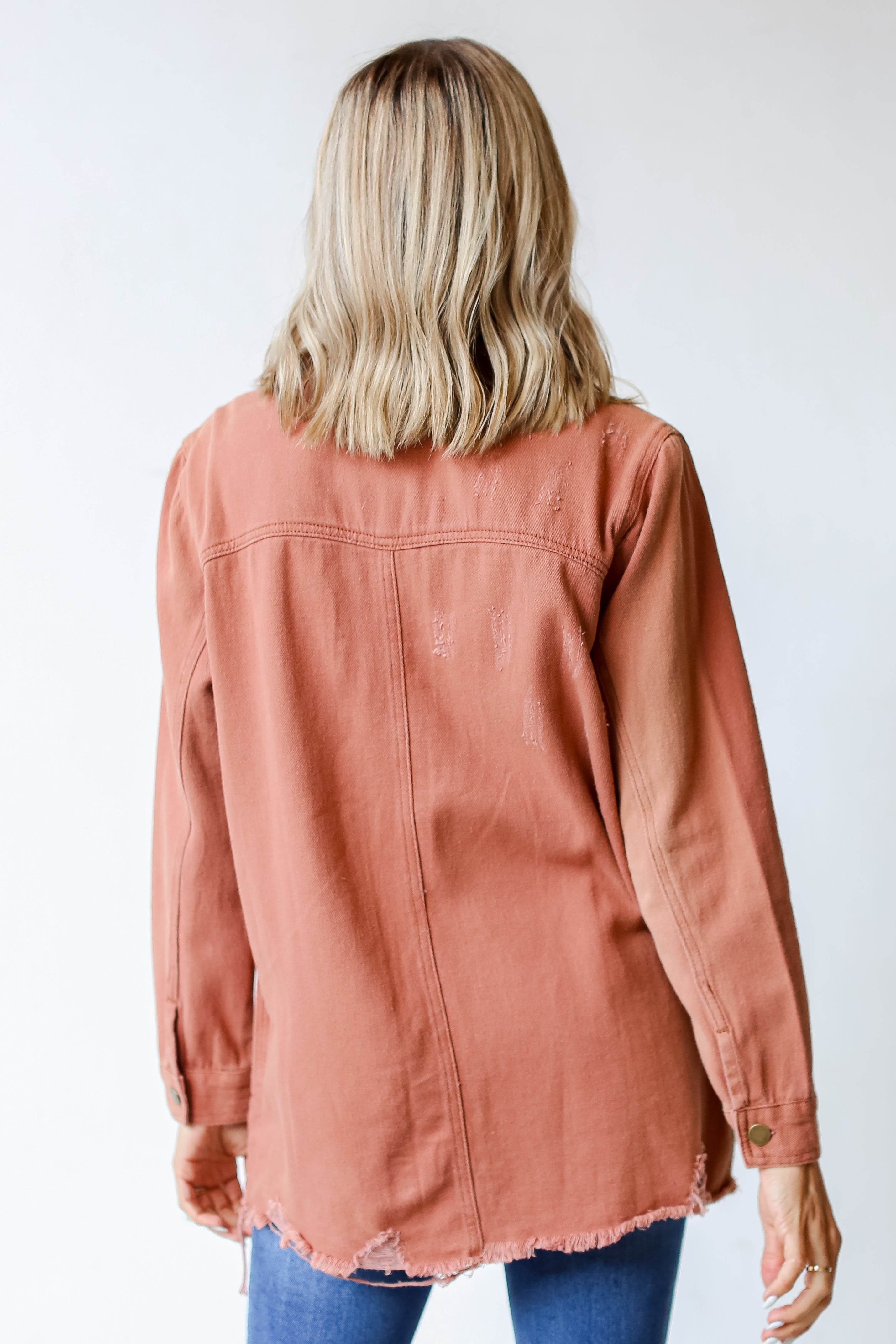 rust Distressed Denim Jacket back view