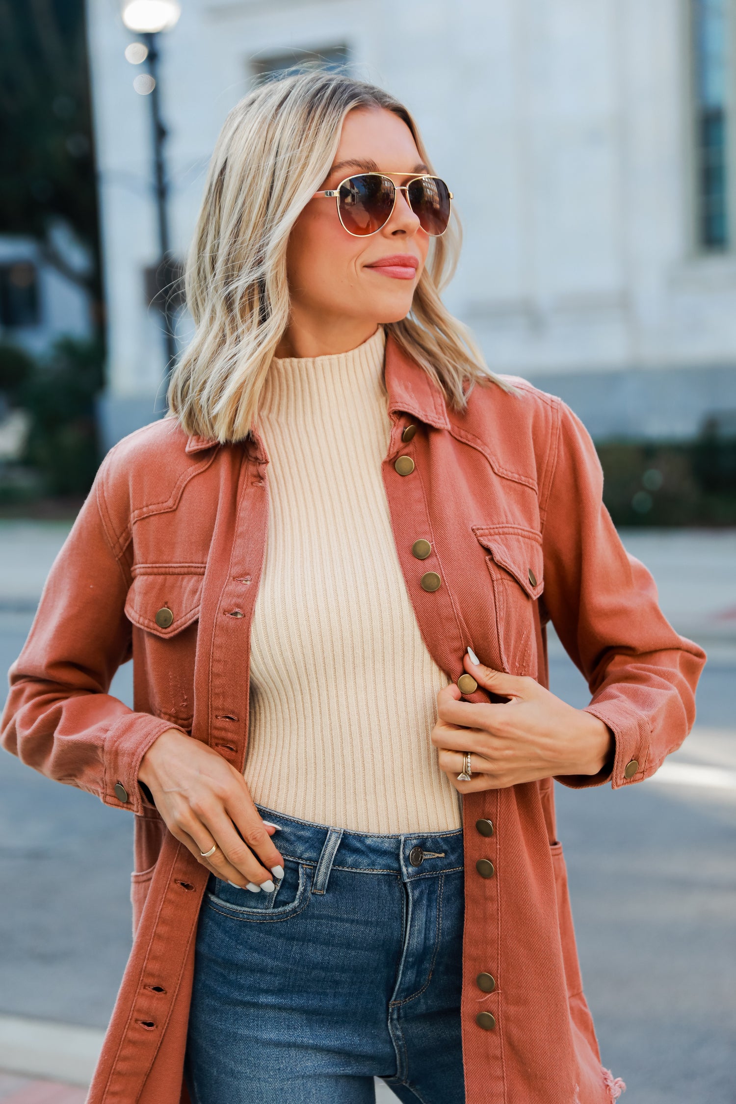 rust Distressed Denim Jacket on model