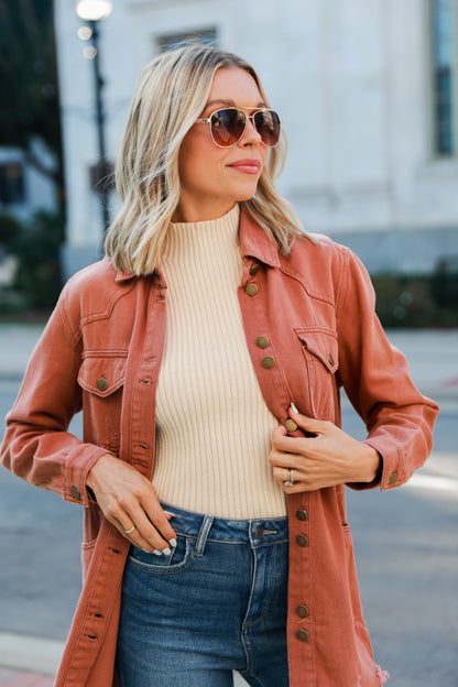 rust Distressed Denim Jacket on model