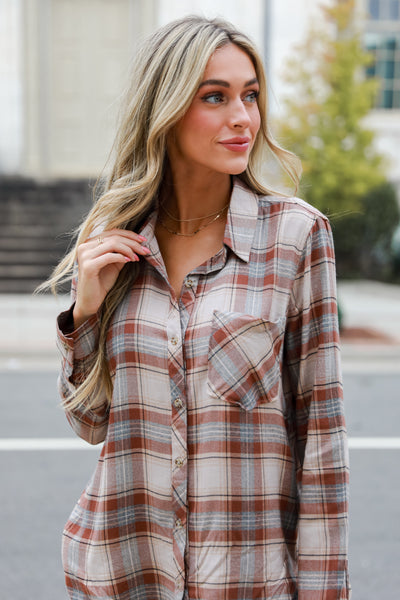 taupe Plaid Flannel on model