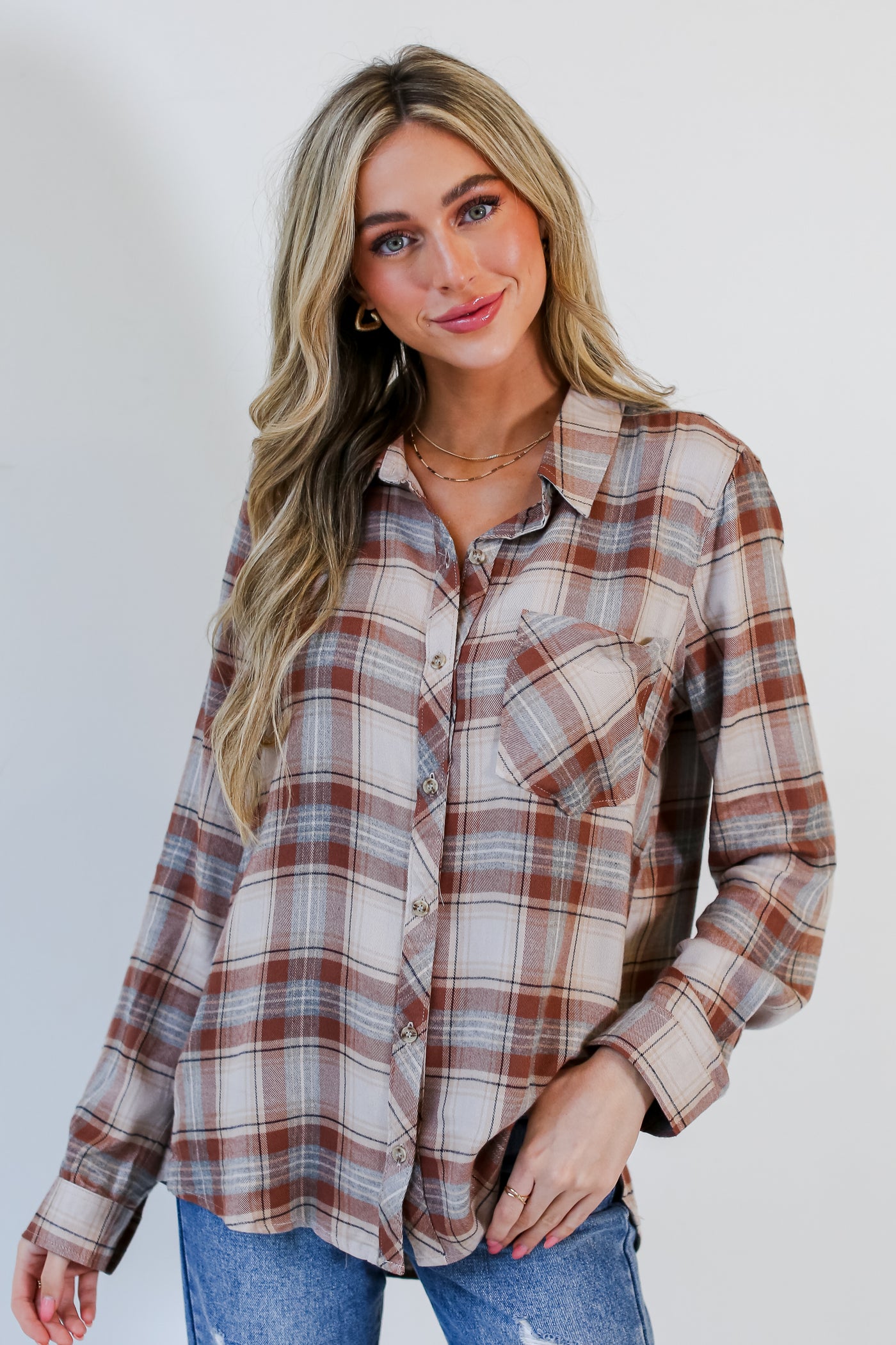 taupe Plaid Flannel on dress up model