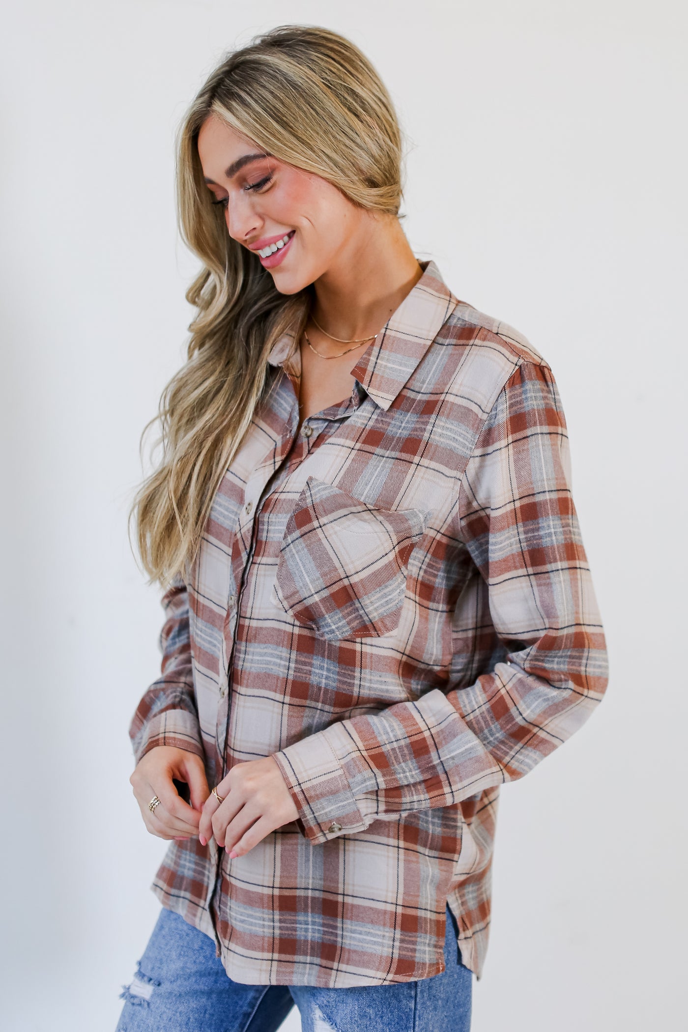 taupe Plaid Flannel side view