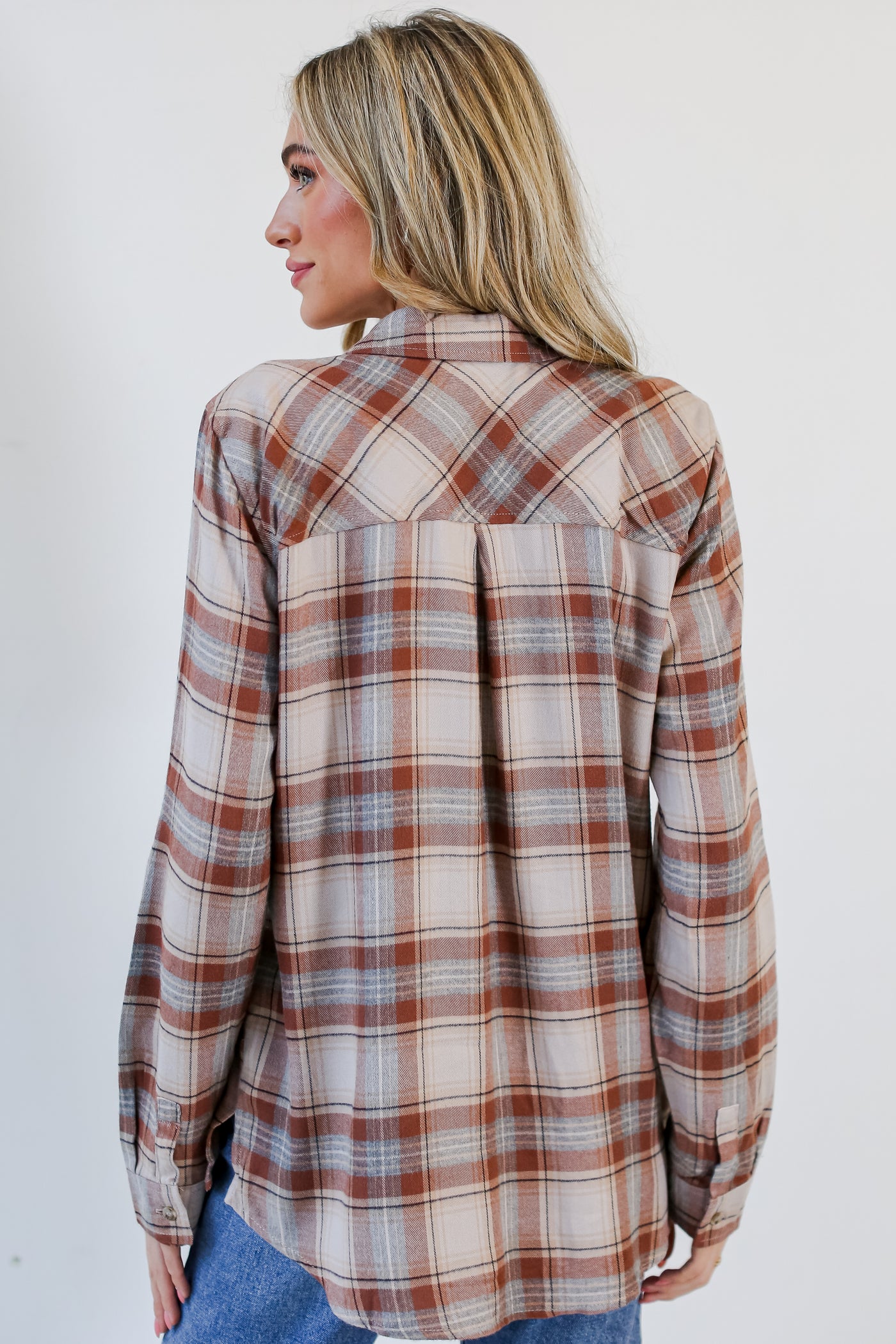 taupe Plaid Flannel back view
