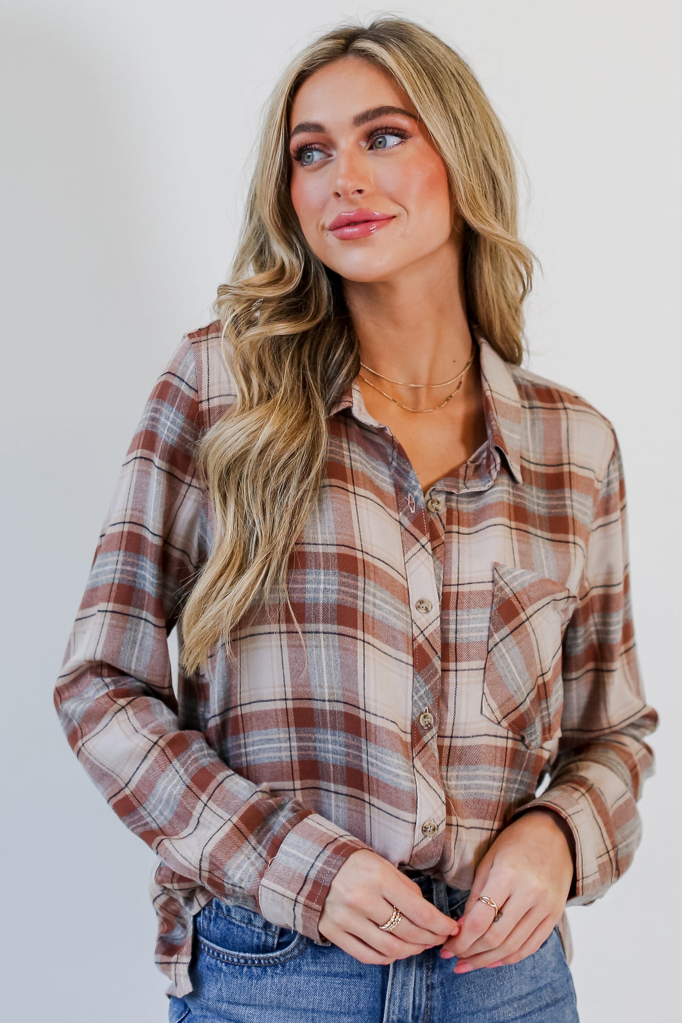 taupe Plaid Flannel front view