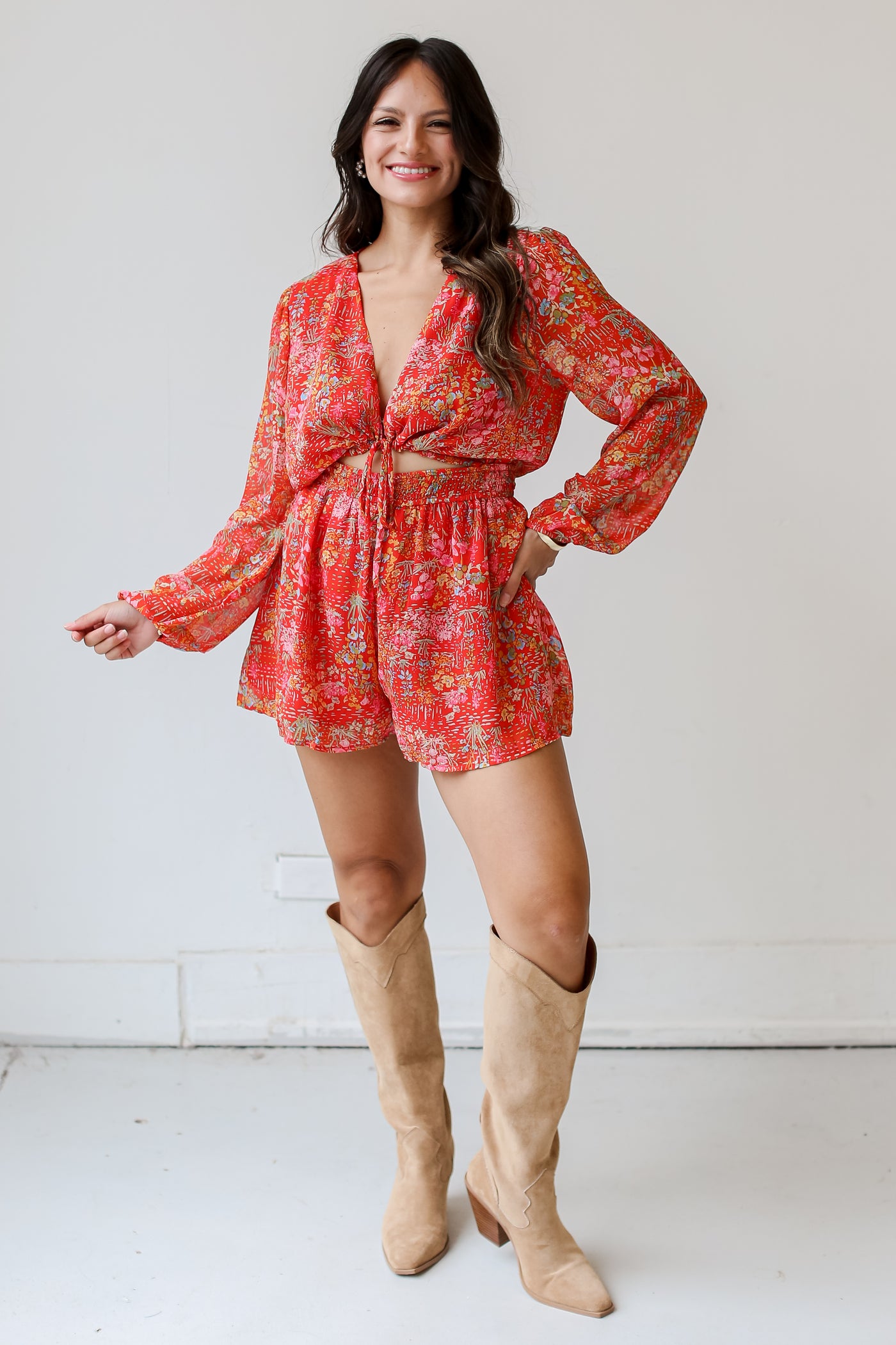 red Floral Romper front view