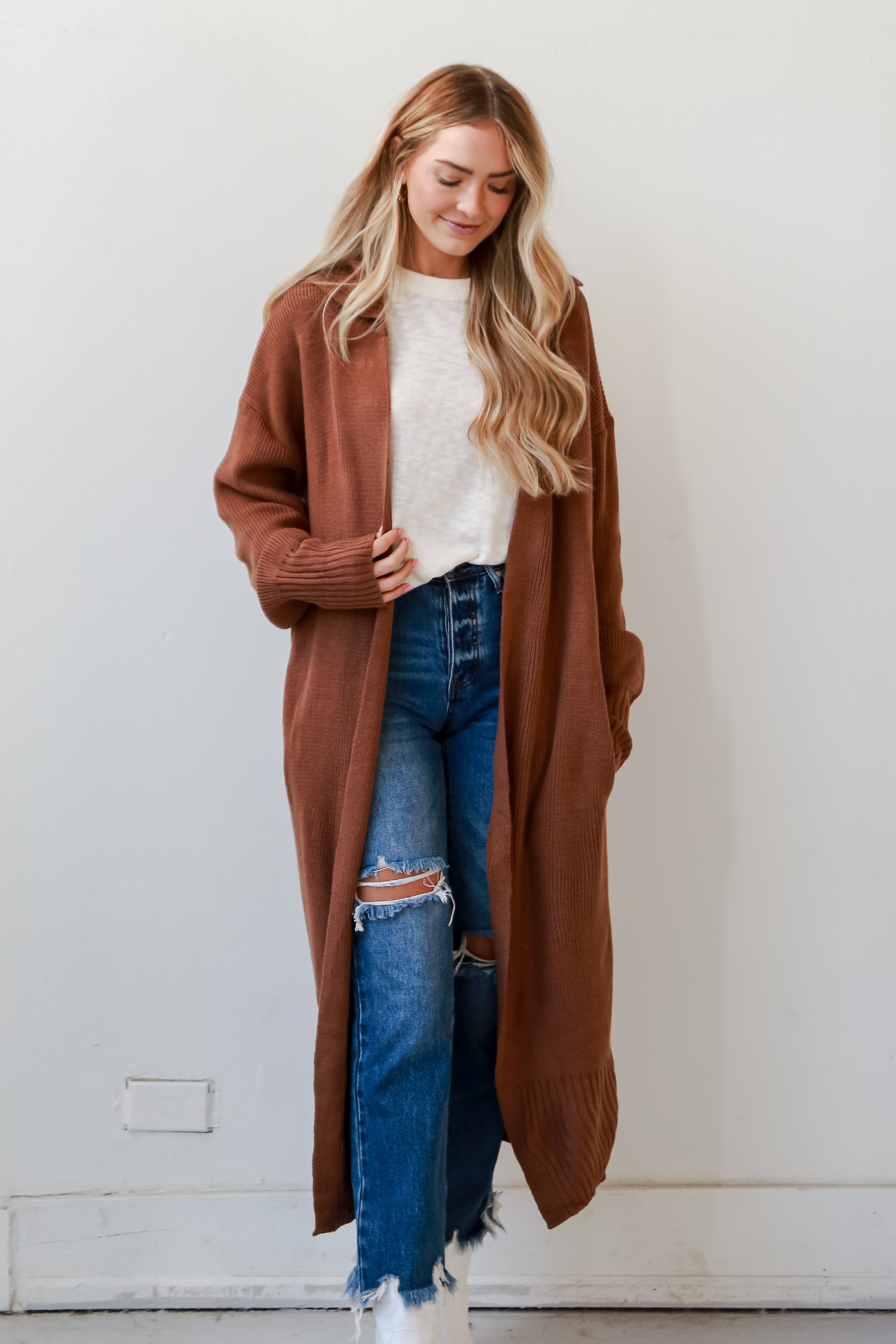 Mocha Longline Sweater Cardigan on model