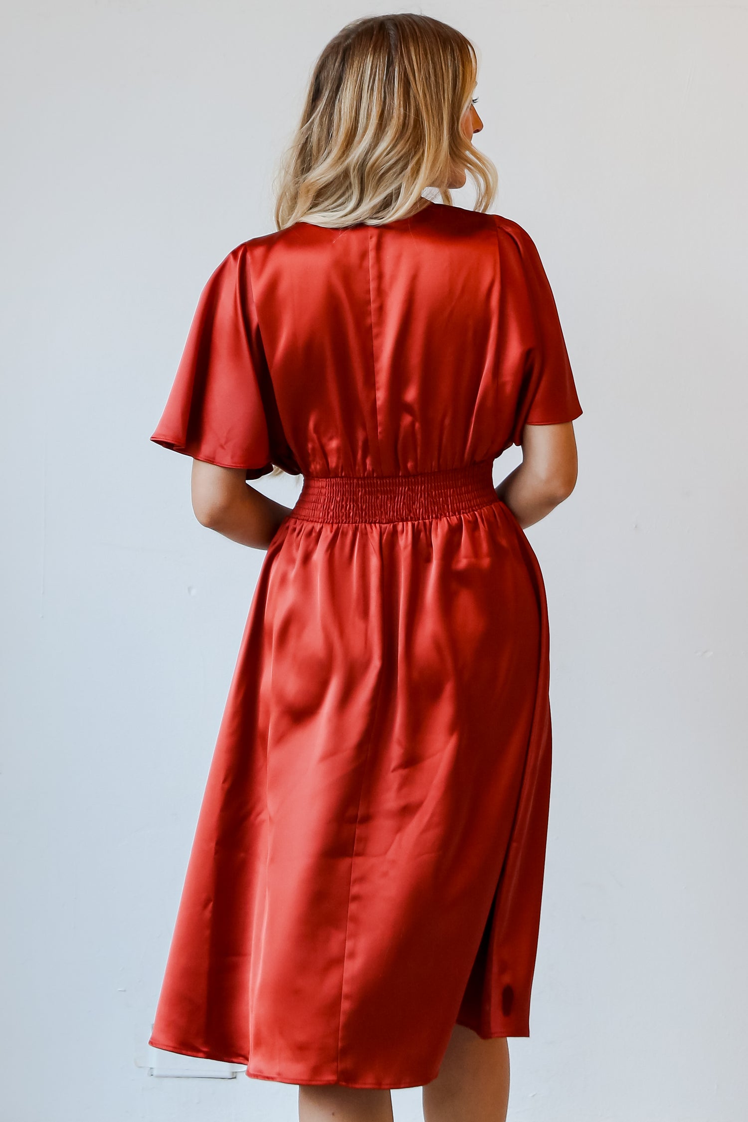 cute Rust Satin Midi Dress