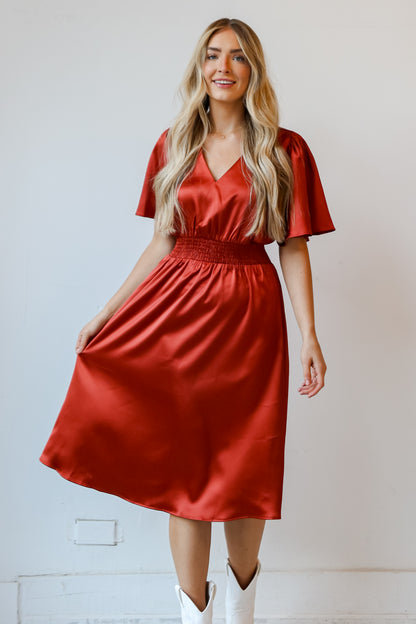 Rust Satin Midi Dress front view