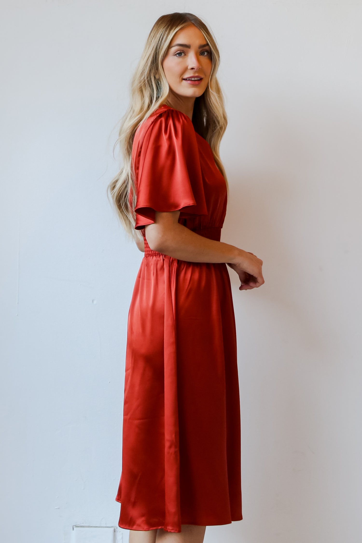 Rust Satin Midi Dress side view