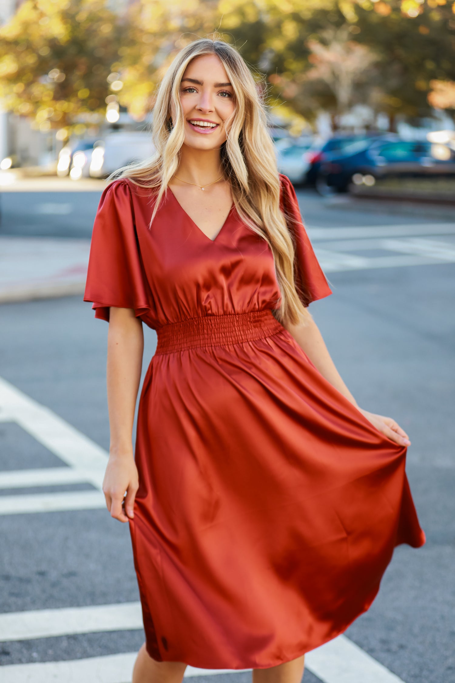 Rust Satin Midi Dress