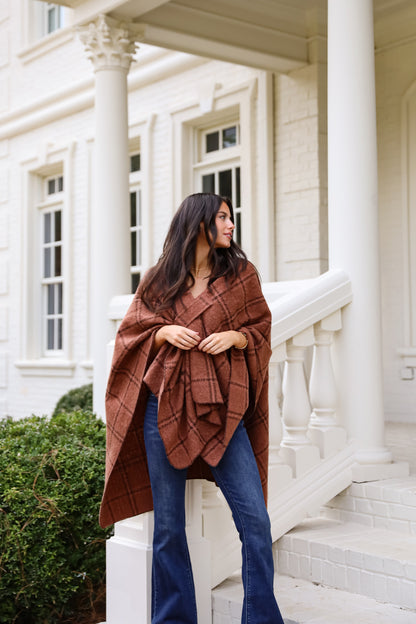 Cozy Success Rust Plaid Shawl