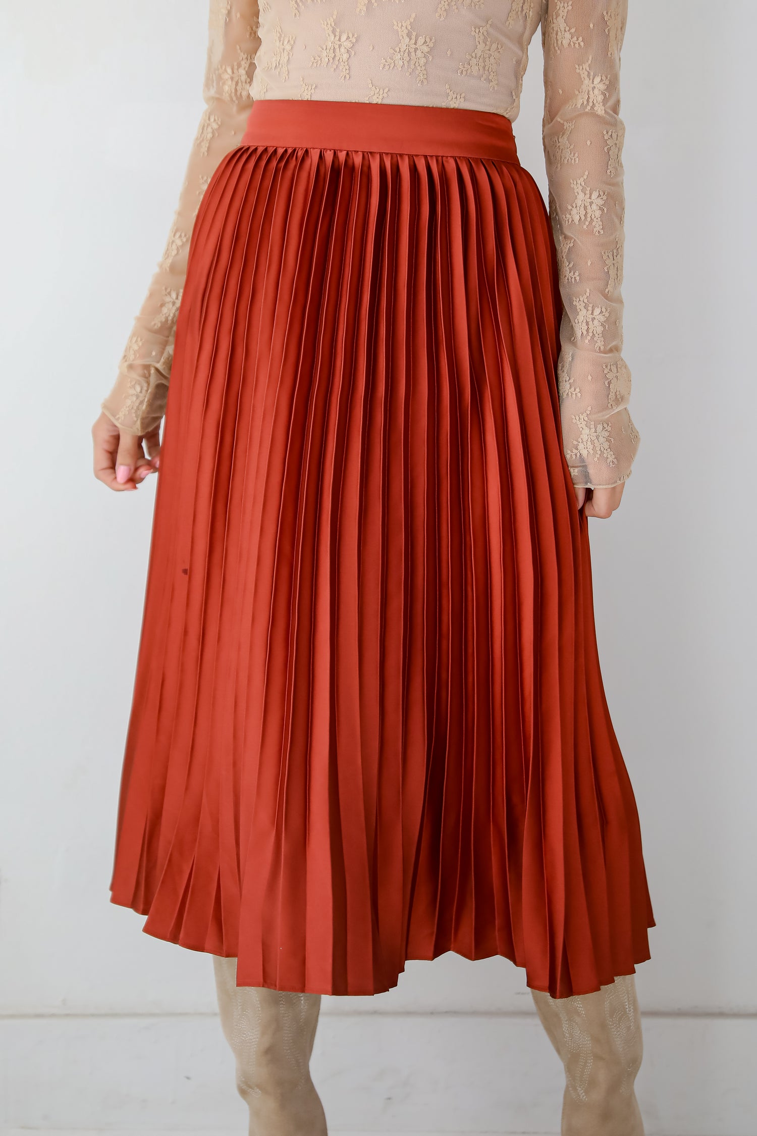 Fabulous Always Rust Satin Pleated Midi Skirt