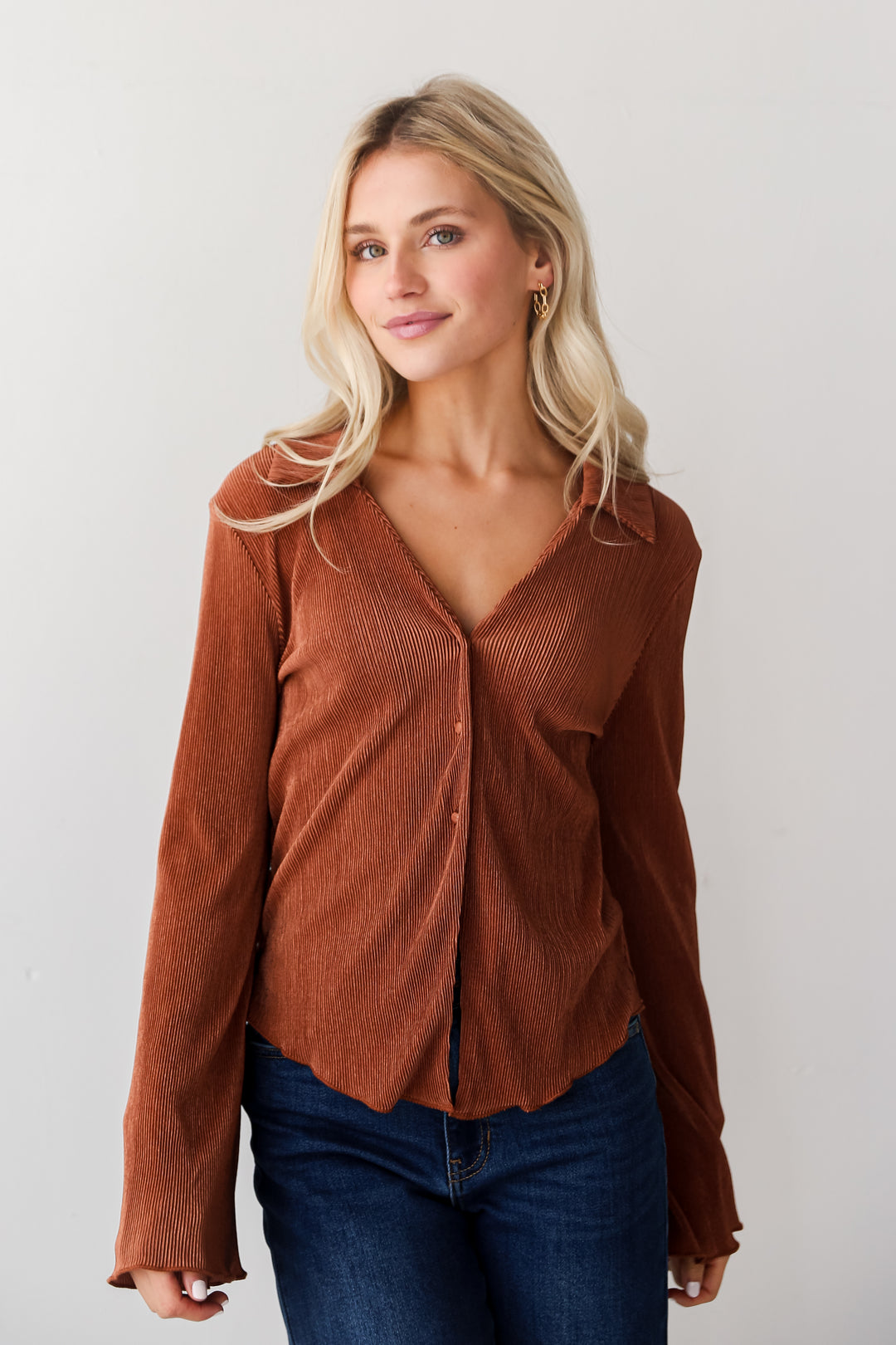 Camel Plisse Blouse front view