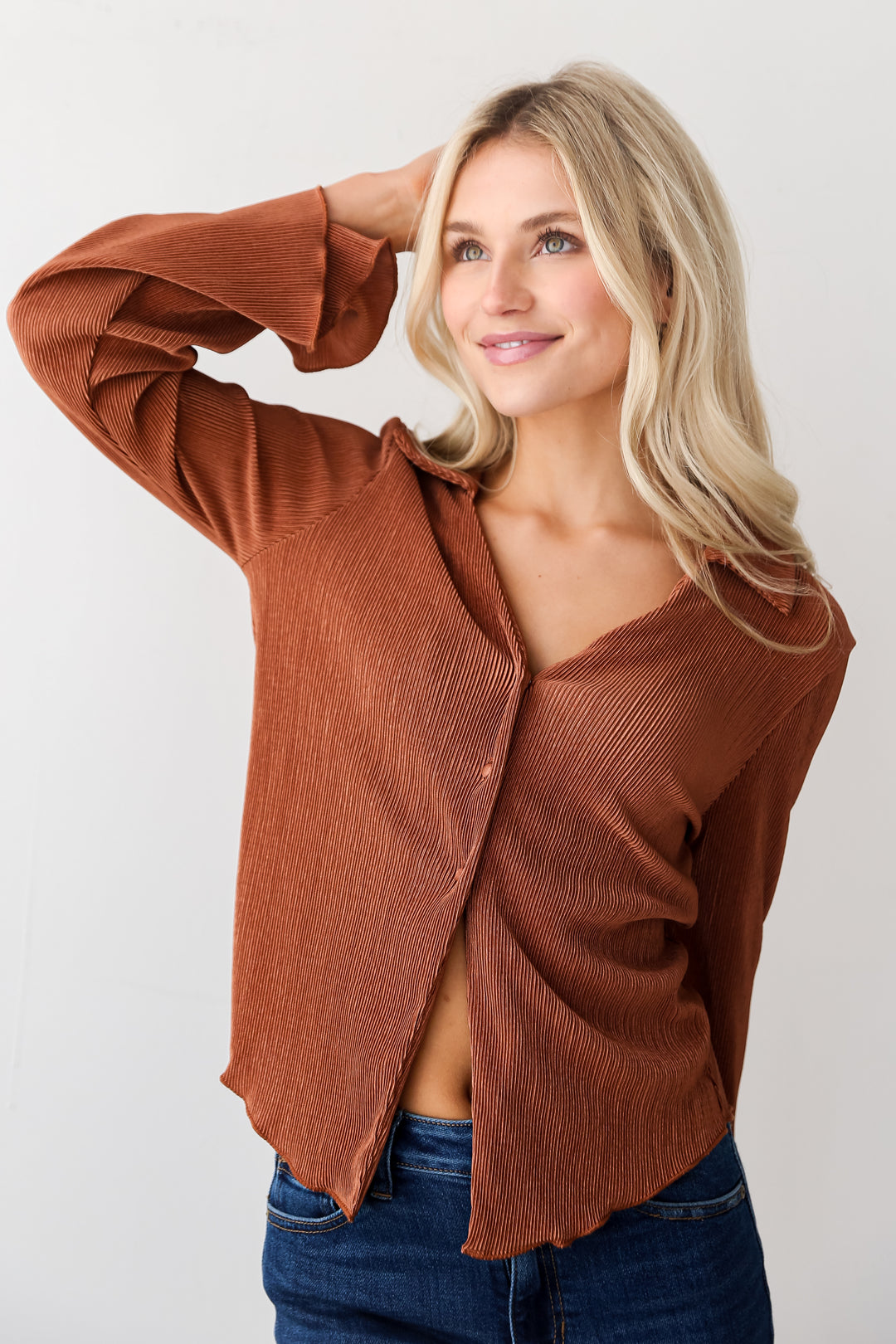 Camel Plisse Blouse front view