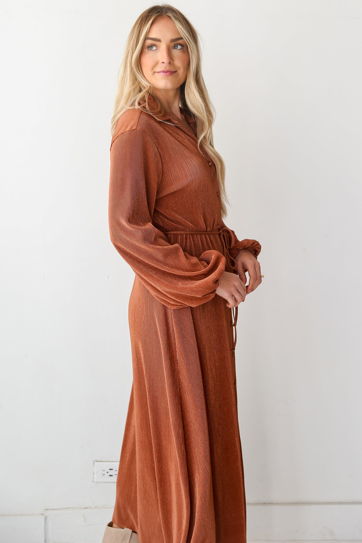 Camel Plisse Maxi Dress side view