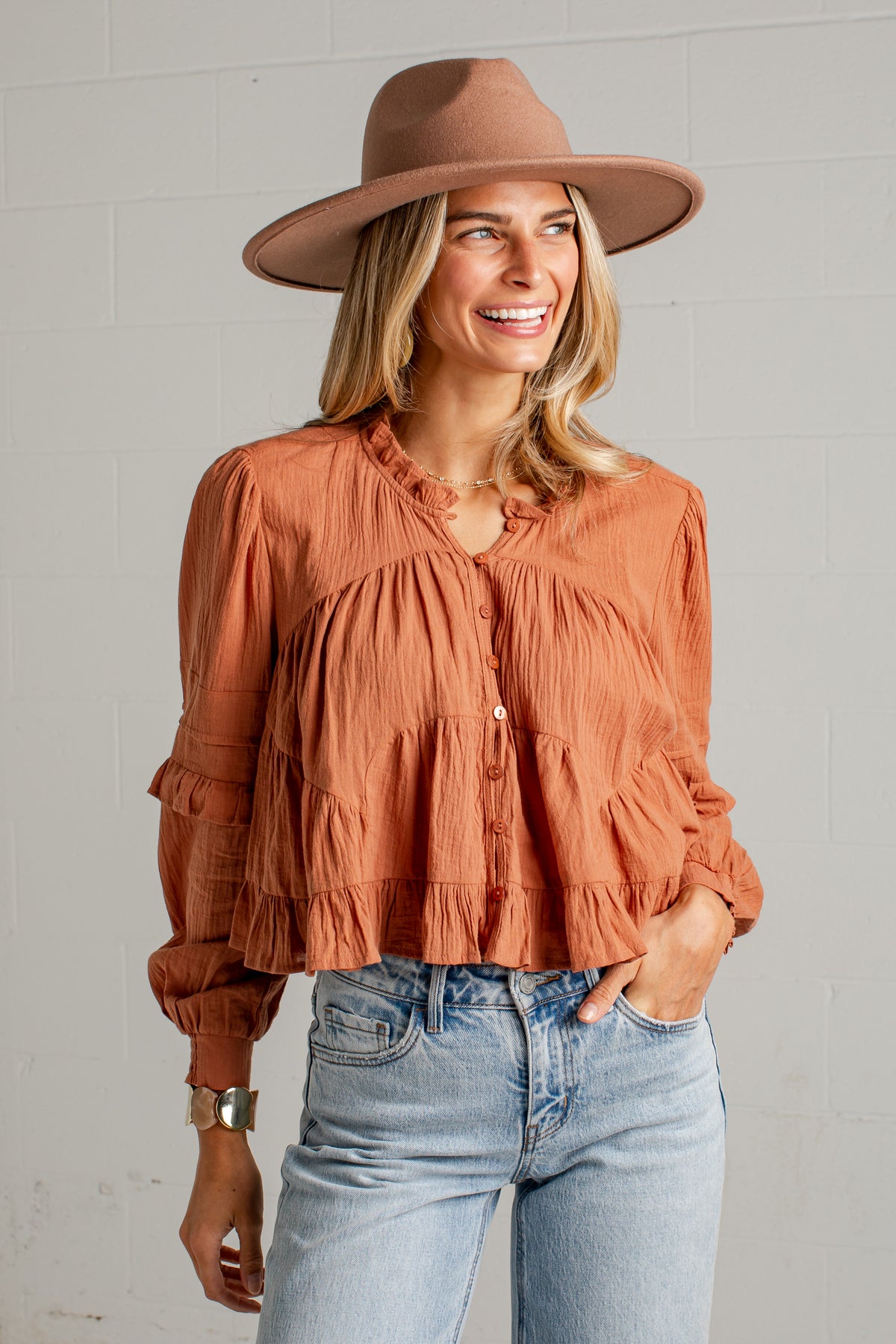 Sweet Little Details Ruffle Button Up Blouse