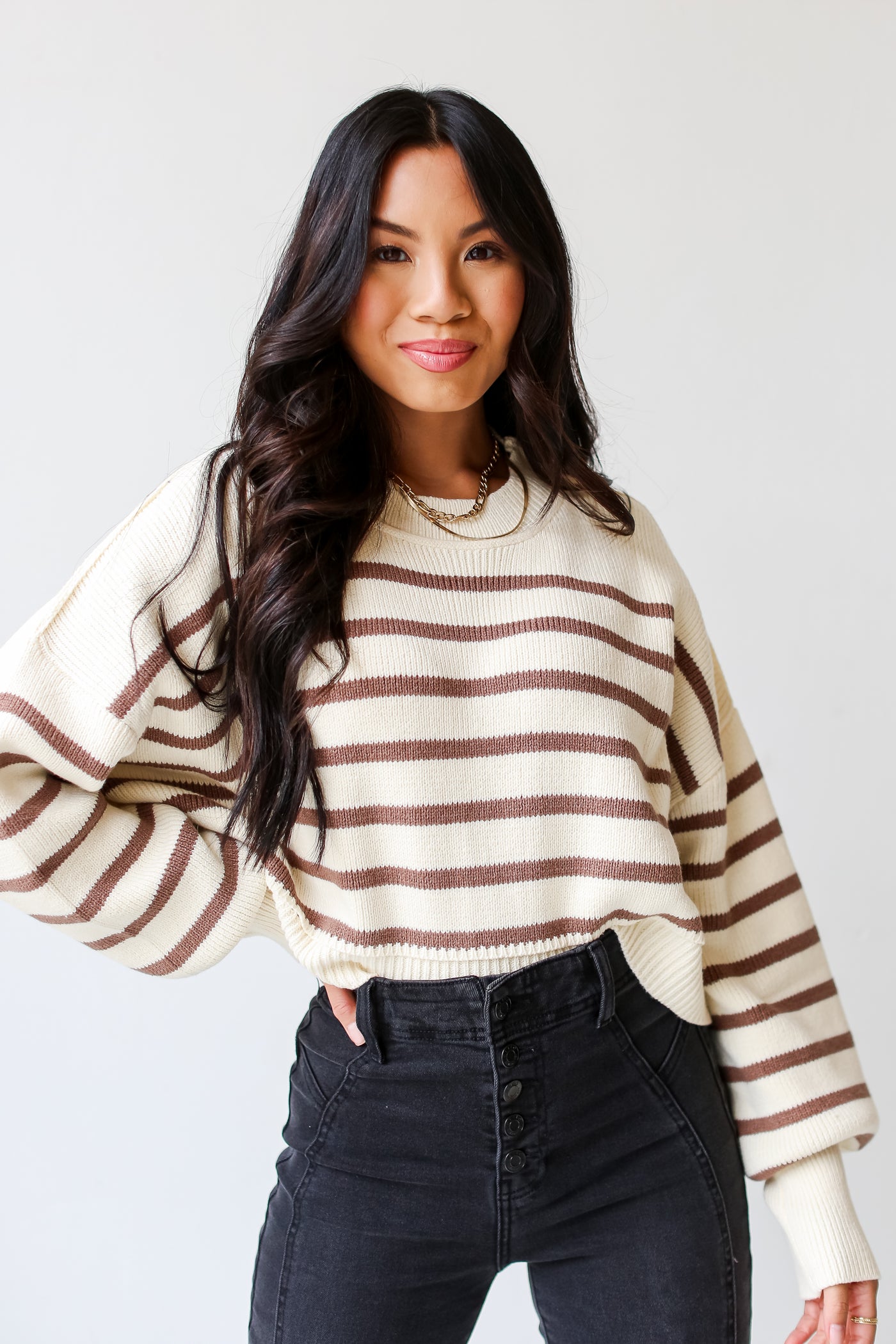 Striped Cropped Sweater on model with black jeans