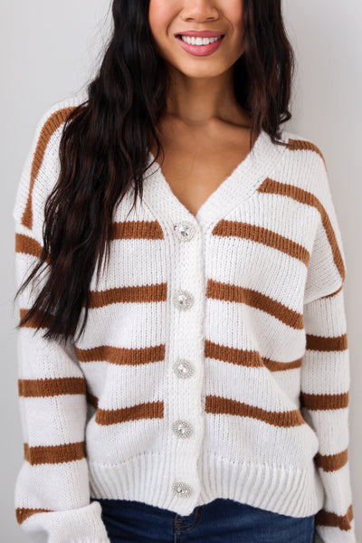 White Oversized Striped Sweater Cardigan