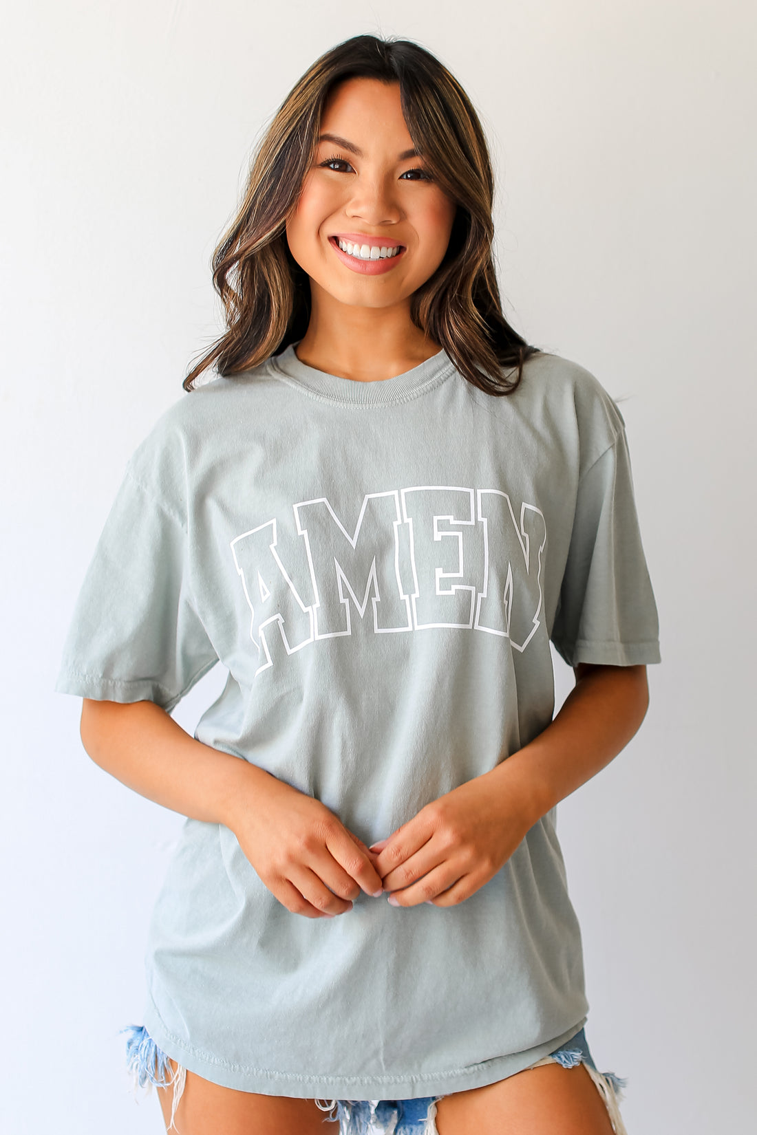 Sage Amen Tee on model