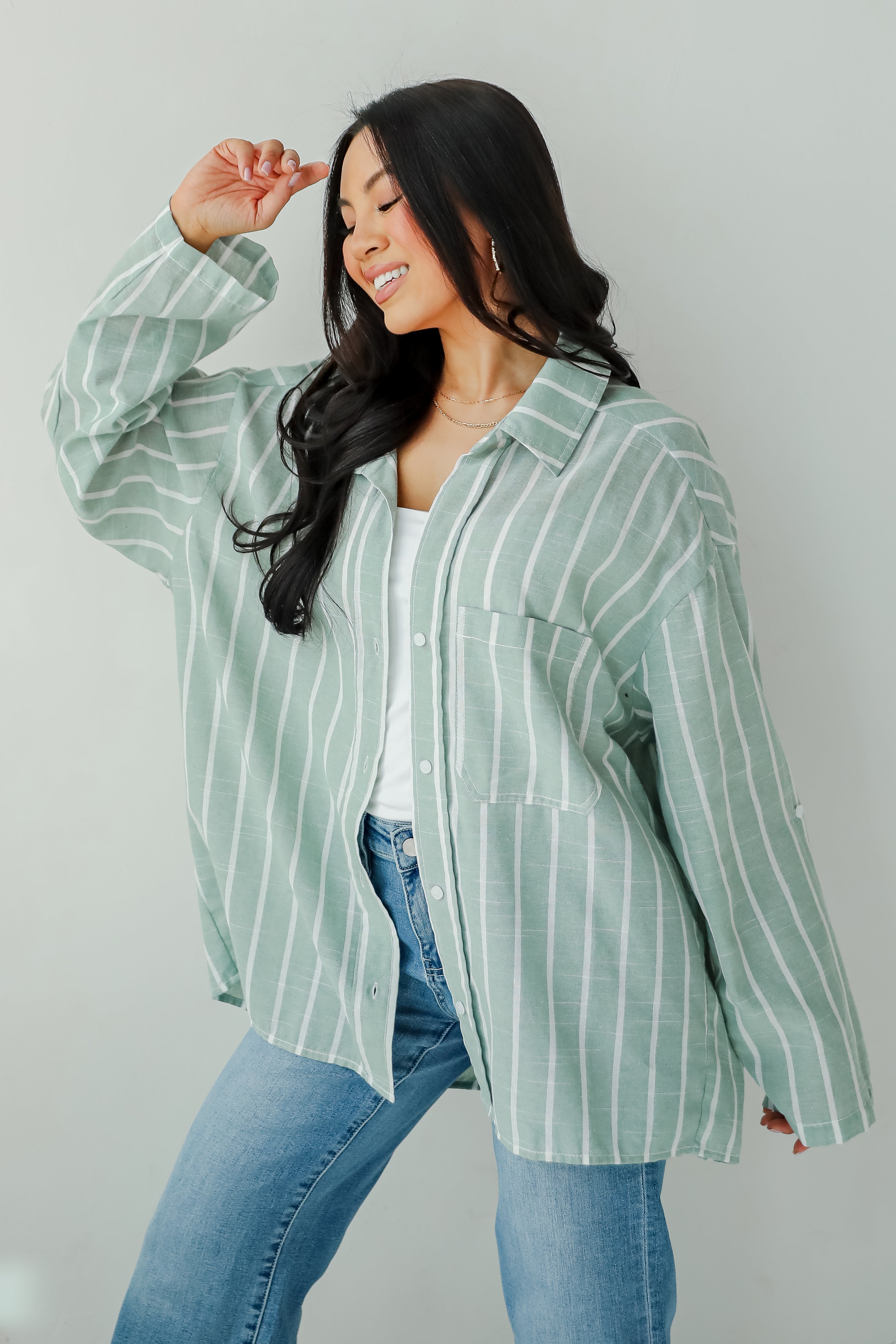 Pristine Muse Sage Striped Button-Up Blouse