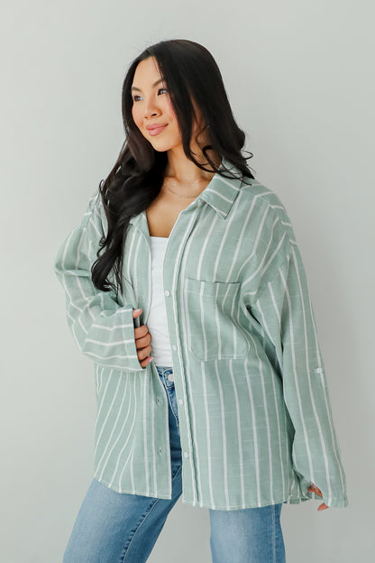 Pristine Muse Sage Striped Button-Up Blouse