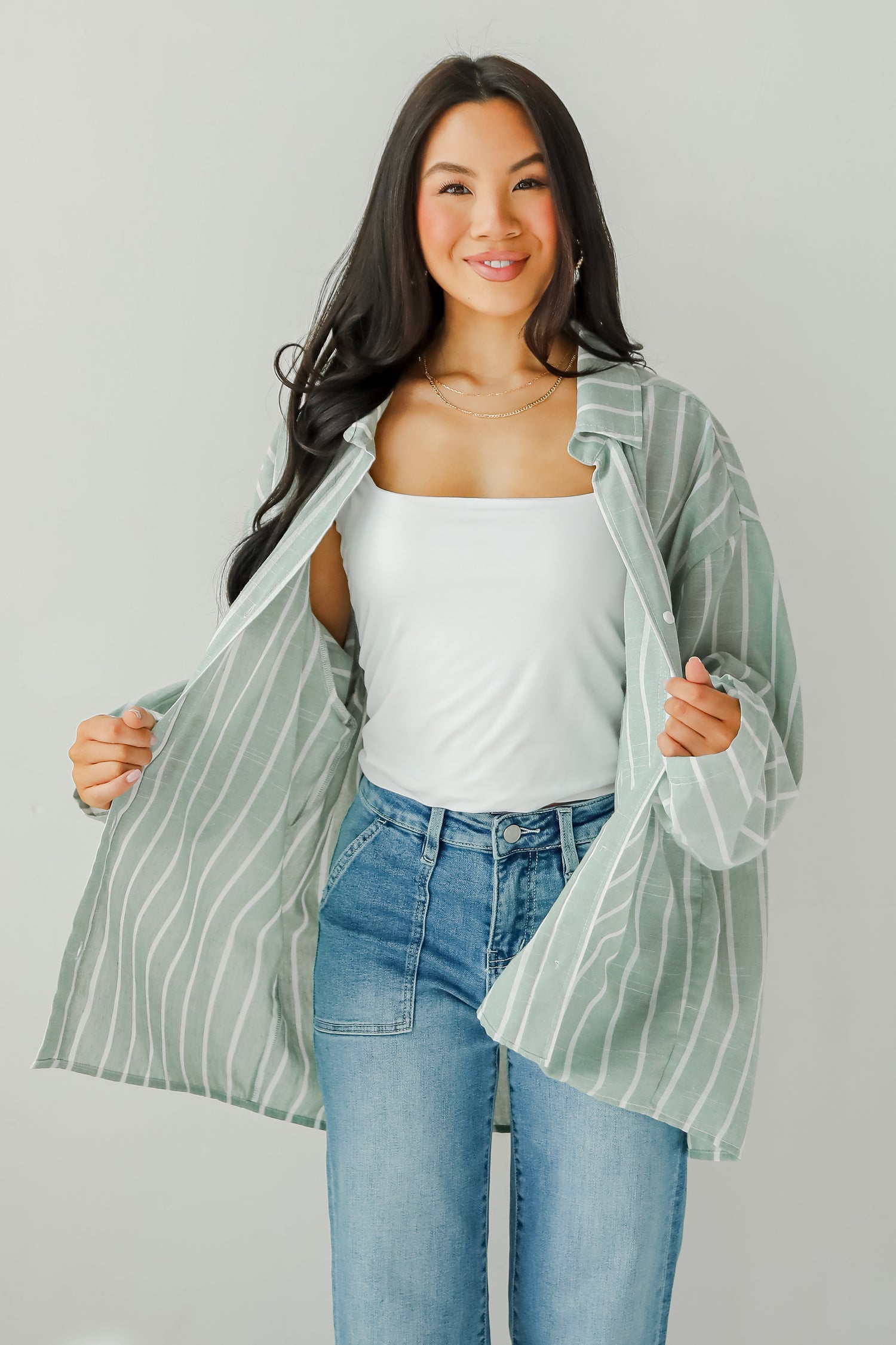 Pristine Muse Sage Striped Button-Up Blouse