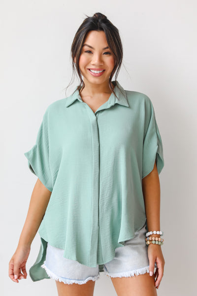 sage Button-Up Blouse on model