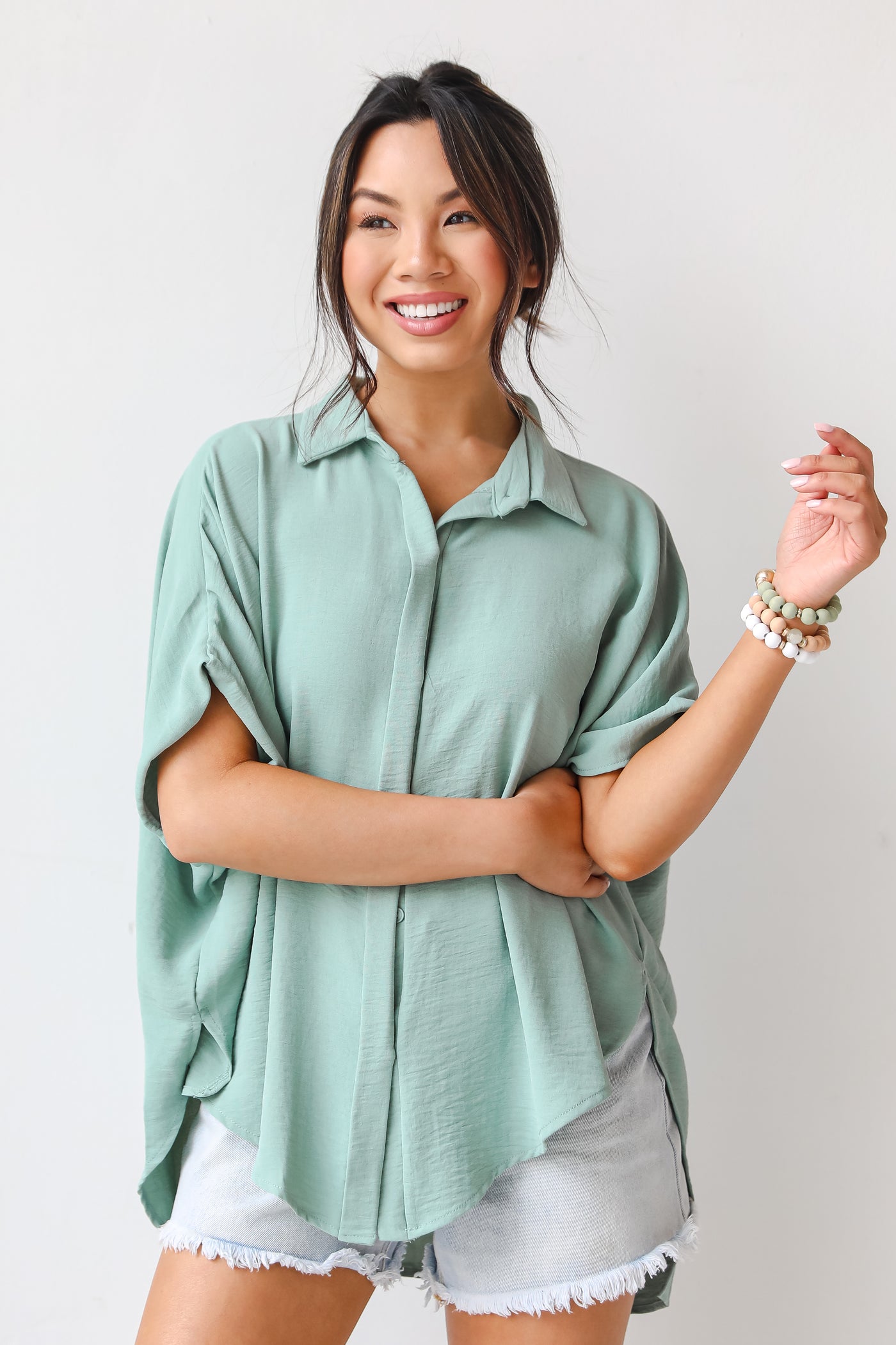 sage Button-Up Blouse front view