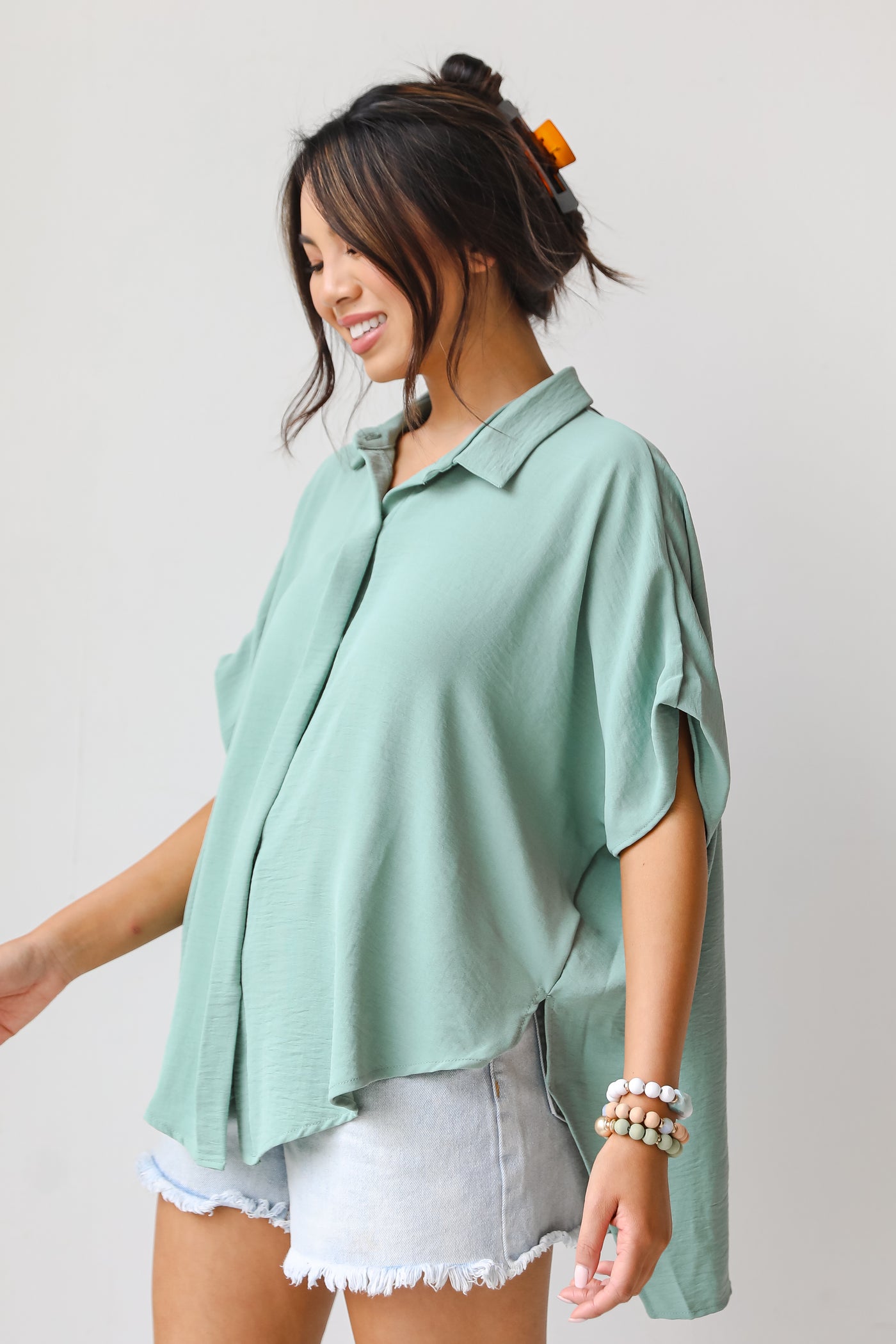 sage Button-Up Blouse side view