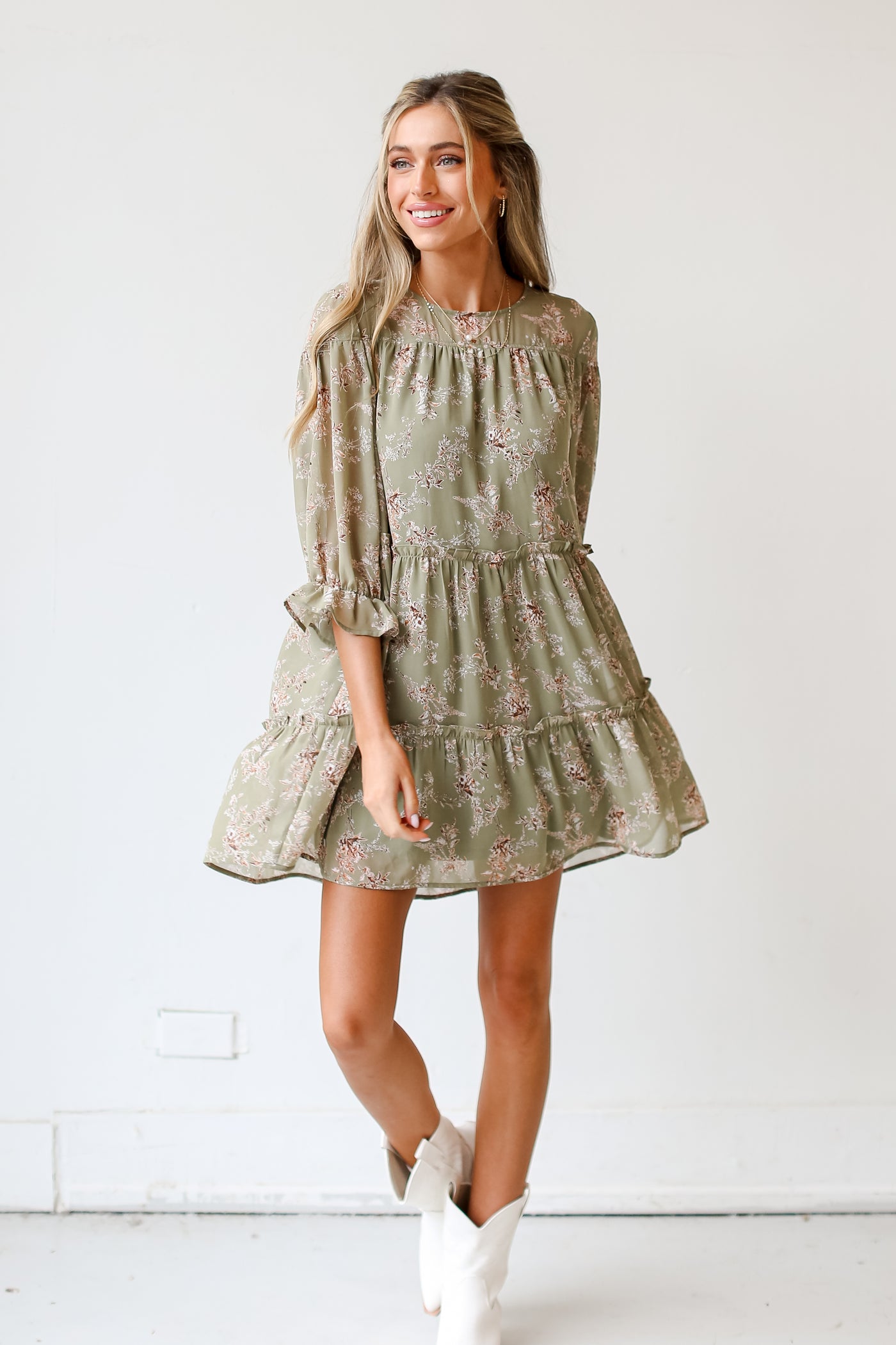 Sage Tiered Floral Mini Dress ShopDressUp Dress