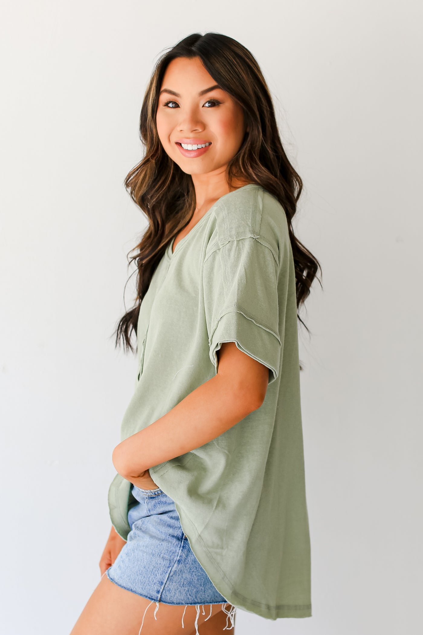 sage Henley Tee side view