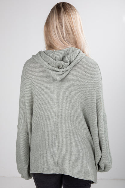 Person wearing a gray hooded sweater against a white background