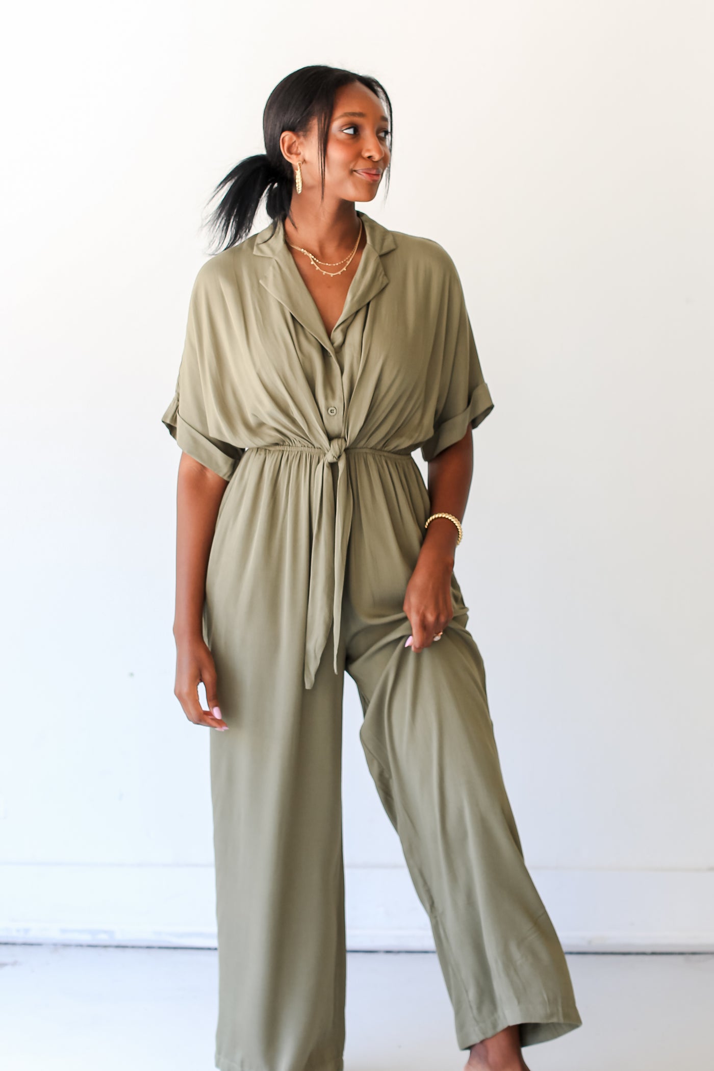 model wearing an olive Collared Jumpsuit