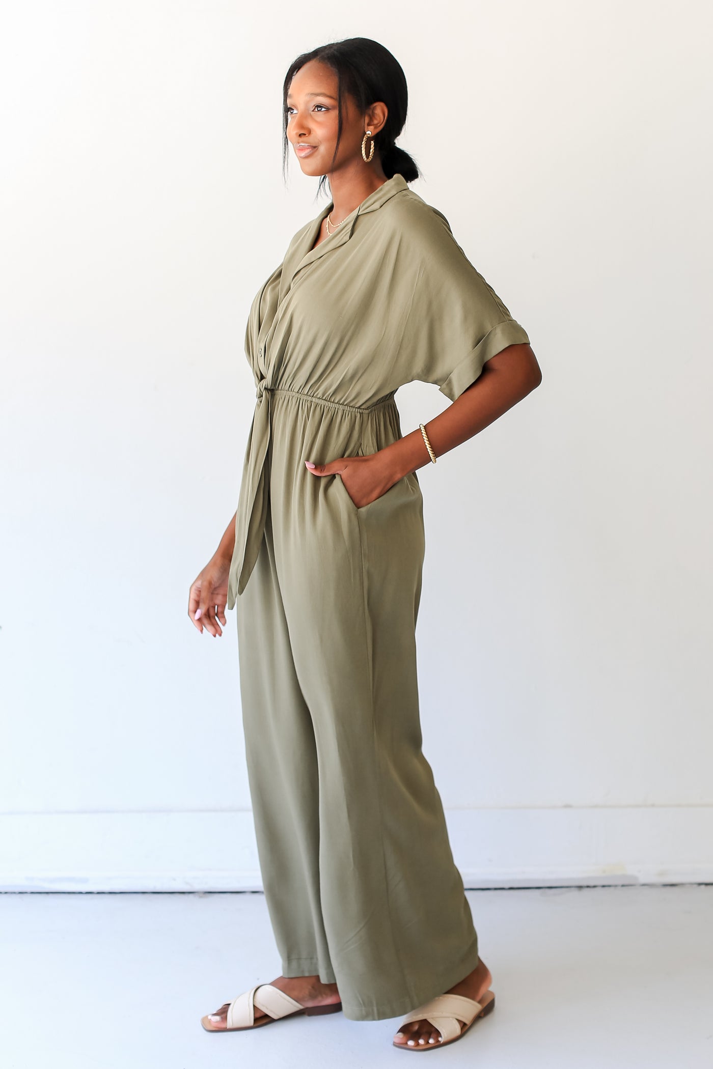 olive Collared Jumpsuit side view